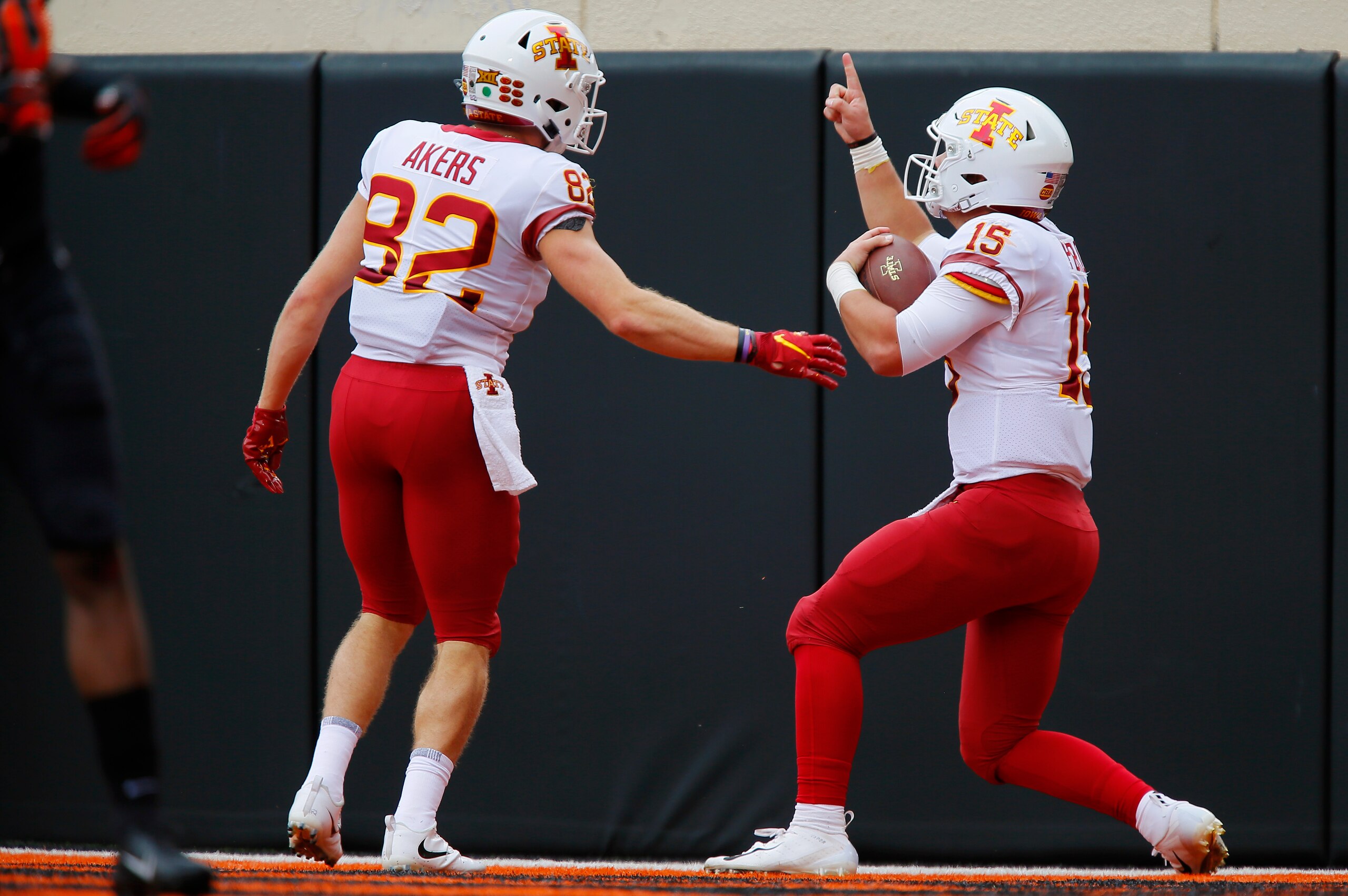 STILLWATER, OK - OCTOBER 6:  Quarterback Brock Purdy #15 of the Iowa State Cyclones celebrates a touchdown against the Oklahoma State Cowboys in the first quarter on October 6, 2018 at Boone Pickens Stadium in Stillwater, Oklahoma.  Iowa State won 48-42. 