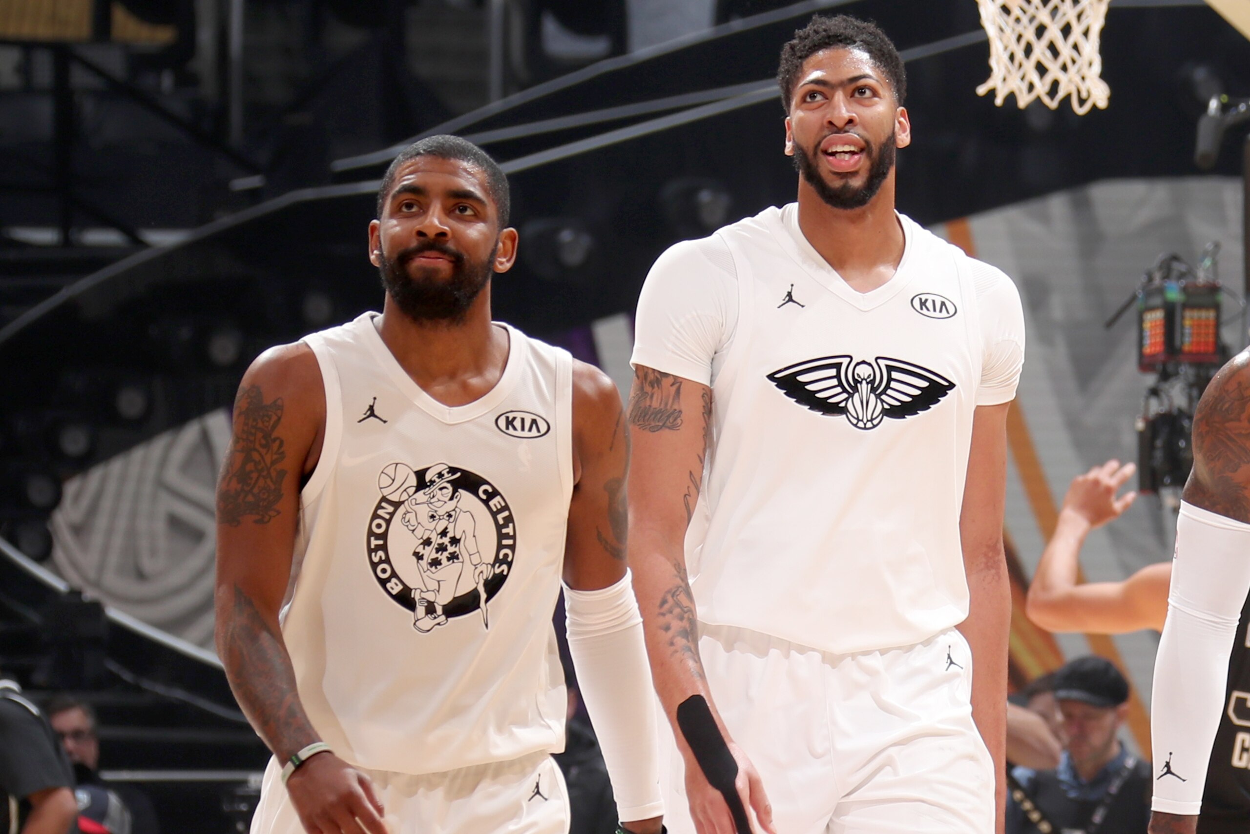 LOS ANGELES, CA - FEBRUARY 18:  Anthony Davis #23, and Kyrie Irving #11 of Team LeBron looks on against Team Stephen during the NBA All-Star Game as a part of 2018 NBA All-Star Weekend at STAPLES Center on February 18, 2018 in Los Angeles, California. NOT