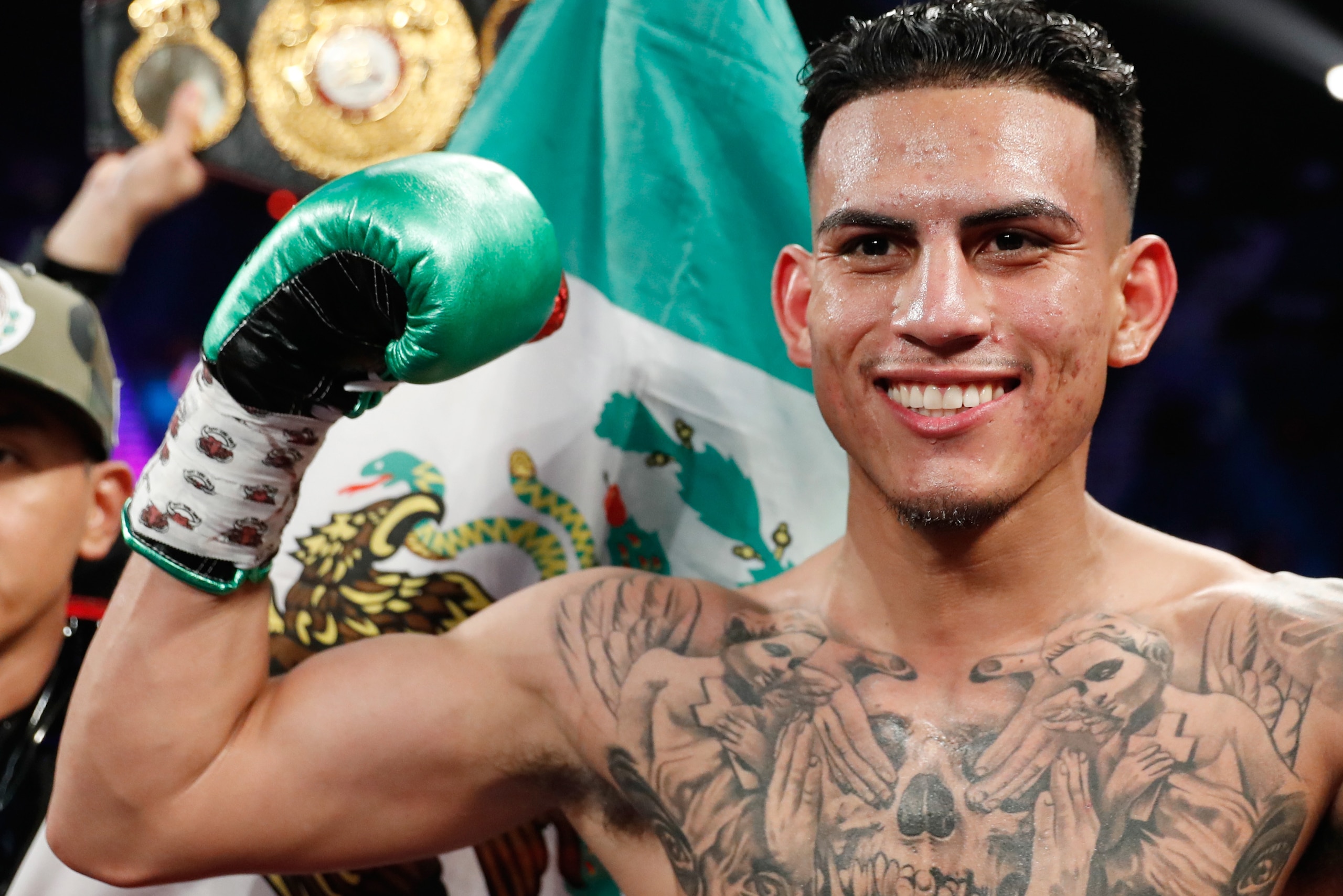 LAS VEGAS, NV - JUNE 09:  Jose Benavidez Jr. celebrates his first-round knockout of Frank Rojas to win their welterweight bout at MGM Grand Garden Arena on June 9, 2018 in Las Vegas, Nevada.  (Photo by Steve Marcus/Getty Images)