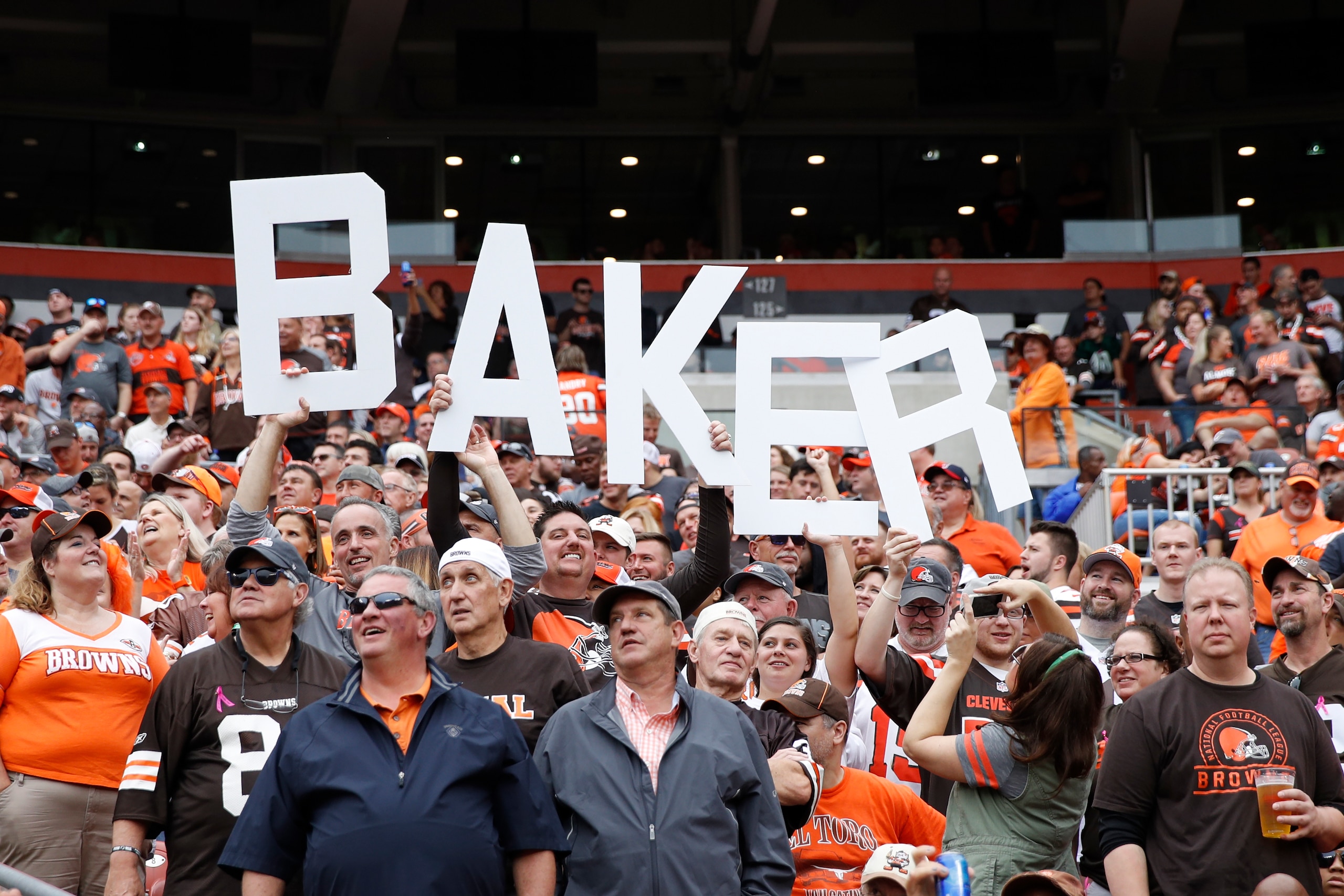 CLEVELAND, OH - OCTOBER 07: Cleveland Browns fans hold up letters spelling BAKER in support of quarterback Baker Mayfield during the game against the Baltimore Ravens at FirstEnergy Stadium on October 7, 2018 in Cleveland, Ohio. The Browns won 12-9 in ove