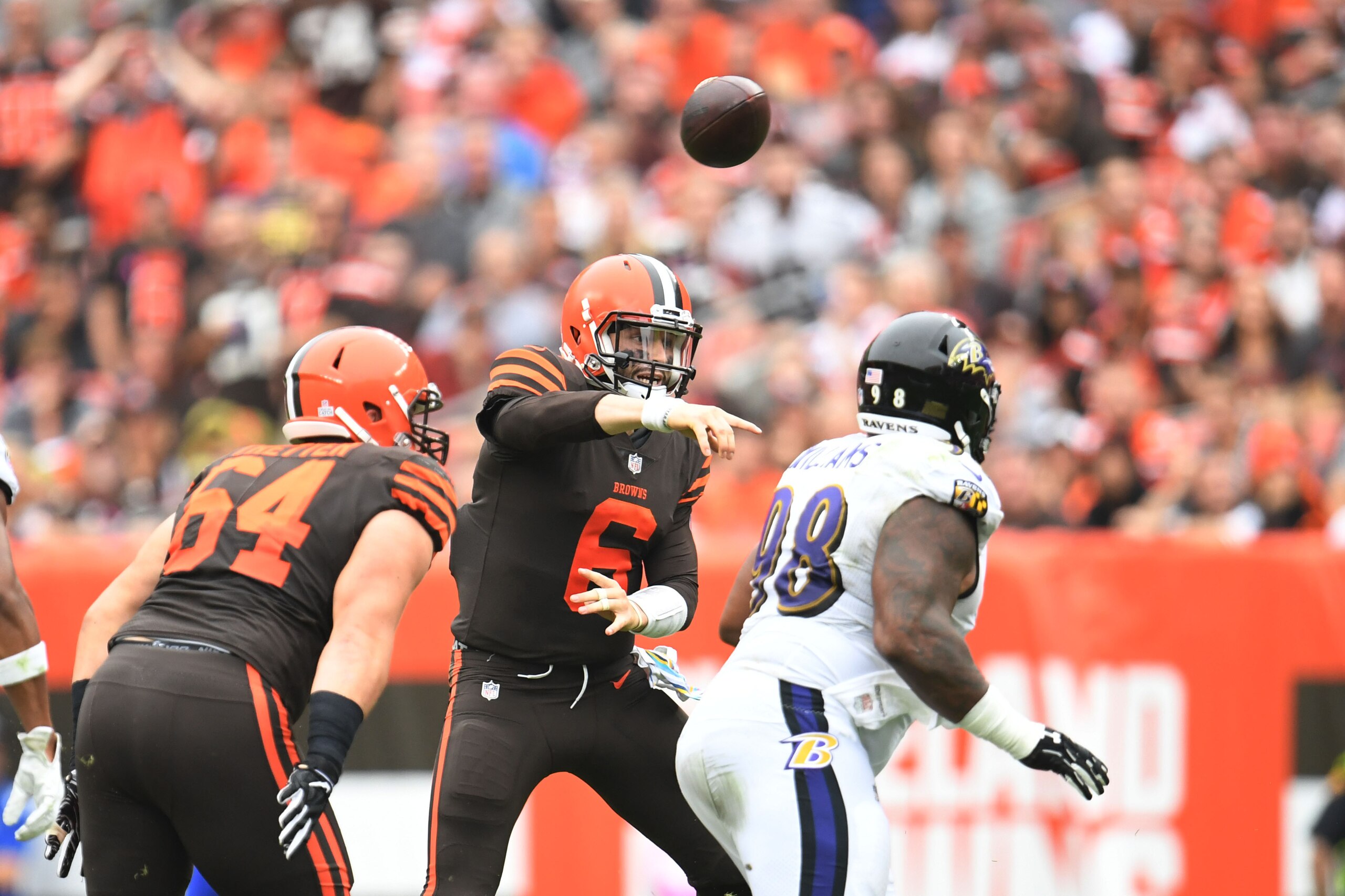 CLEVELAND, OH - OCTOBER 07: Baker Mayfield #6 of the Cleveland Browns throws a pass in the third quarter against the Baltimore Ravens at FirstEnergy Stadium on October 7, 2018 in Cleveland, Ohio. (Photo by Jason Miller/Getty Images)