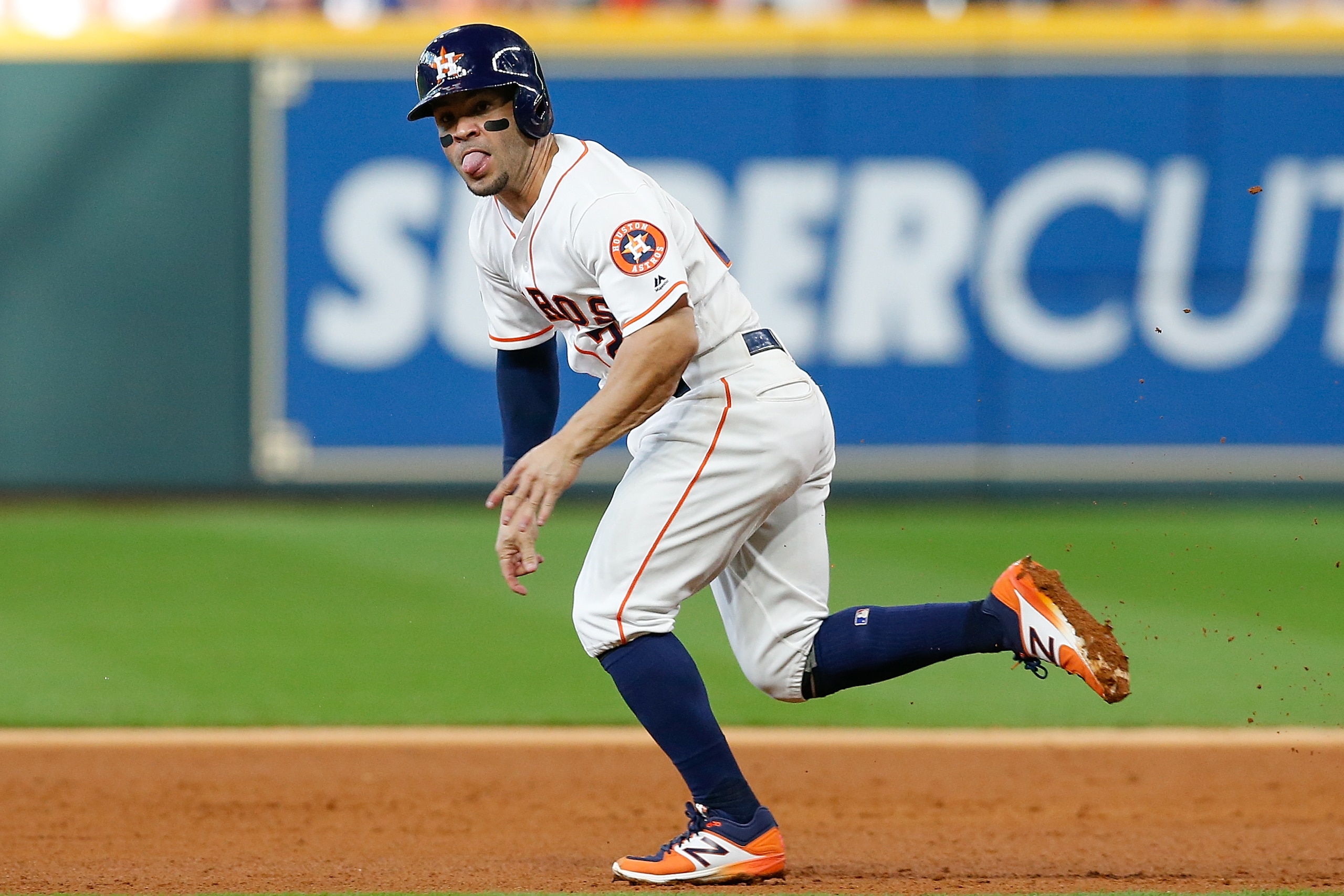 HOUSTON, TX - OCTOBER 06:  Jose Altuve #27 of the Houston Astros runs the bases in the sixth inning against the Cleveland Indians during Game Two of the American League Division Series at Minute Maid Park on October 6, 2018 in Houston, Texas.  (Photo by T