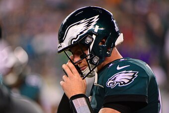 PHILADELPHIA, PA - OCTOBER 07: Carson Wentz #11 of the Philadelphia Eagles heads back onto the field against the Minnesota Vikings during the fourth quarter at Lincoln Financial Field on October 7, 2018 in Philadelphia, Pennsylvania. The Vikings won 23-21