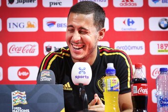 Belgium's footballer Eden Hazard reacts during a press conference of the Belgian national team the Red Devils in Tubize, on October 11, 2018, on the eve of their second game in the UEFA Nations League against Switzerland. - Belgium plays their second game