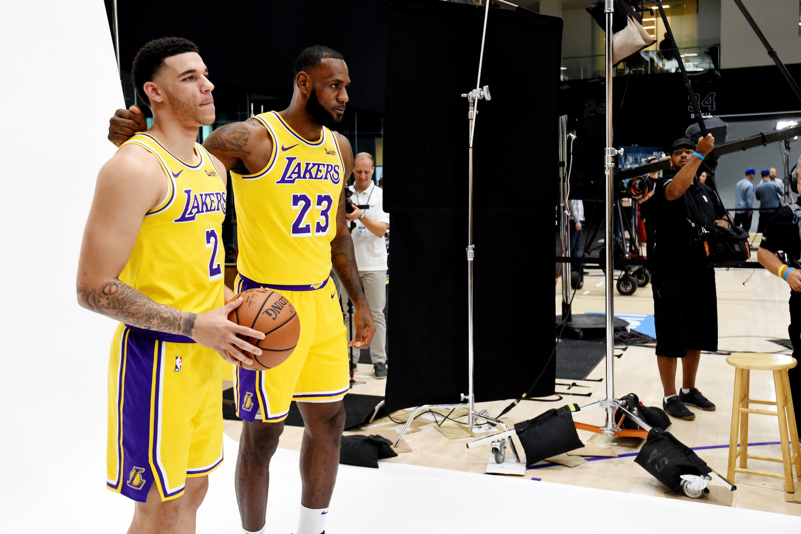 EL SEGUNDO, CA - SEPTEMBER 24: Lonzo Ball #2 and LeBron James #23 of the Los Angeles Lakers are seen posing for a portrait during media day at UCLA Health Training Center on September 24, 2018 in El Segundo, California. NOTE TO USER: User expressly acknow