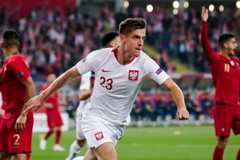 CHORZOW,  - OCTOBER 11: Krzysztof Piatek of Poland, celebrate his goal the 1-0 during the  UEFA Nations league match between Poland  v Portugal  at the Slaski Stadium on October 11, 2018 in Chorzow  (Photo by Erwin Spek/Soccrates/Getty Images)