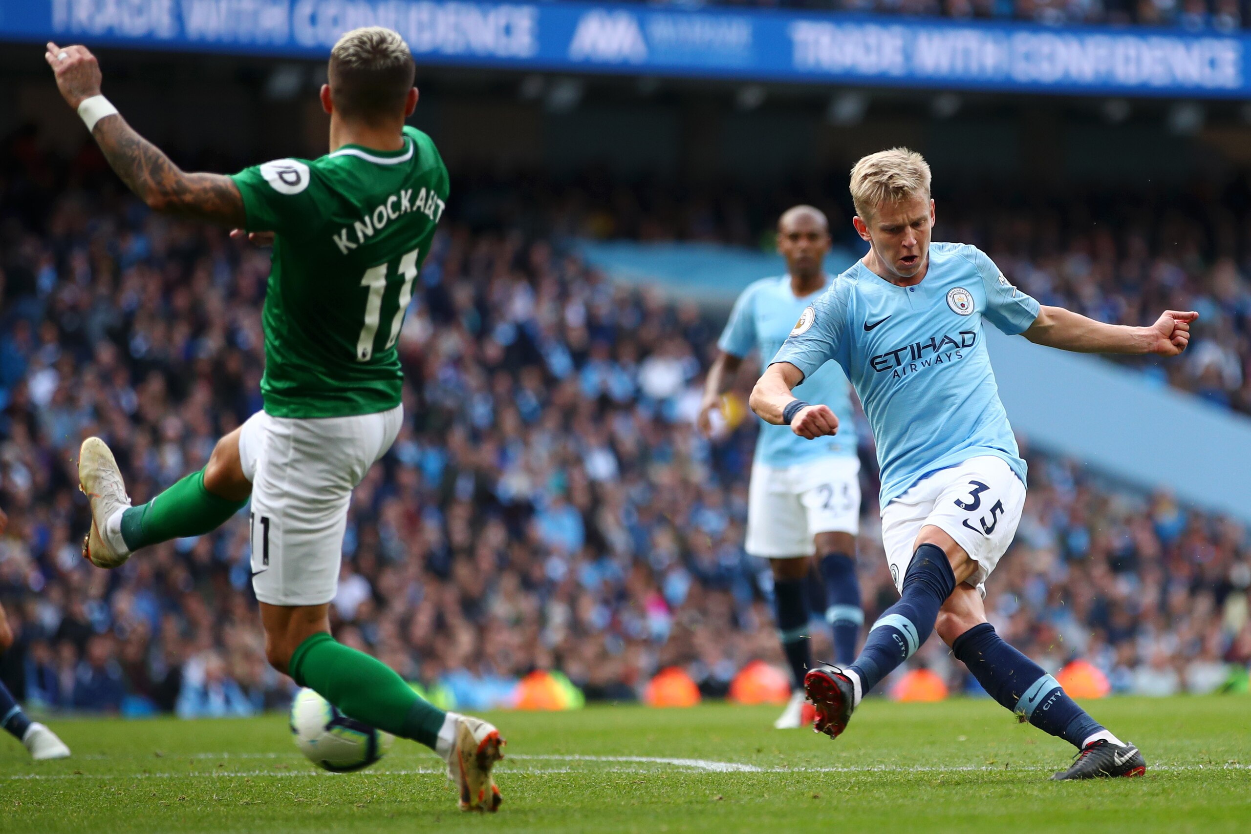 MANCHESTER, ENGLAND - SEPTEMBER 29:  Oleksandr Zinchenko of Manchester City in action during the Premier League match between Manchester City and Brighton & Hove Albion at Etihad Stadium on September 29, 2018 in Manchester, United Kingdom.  (Photo by Cliv