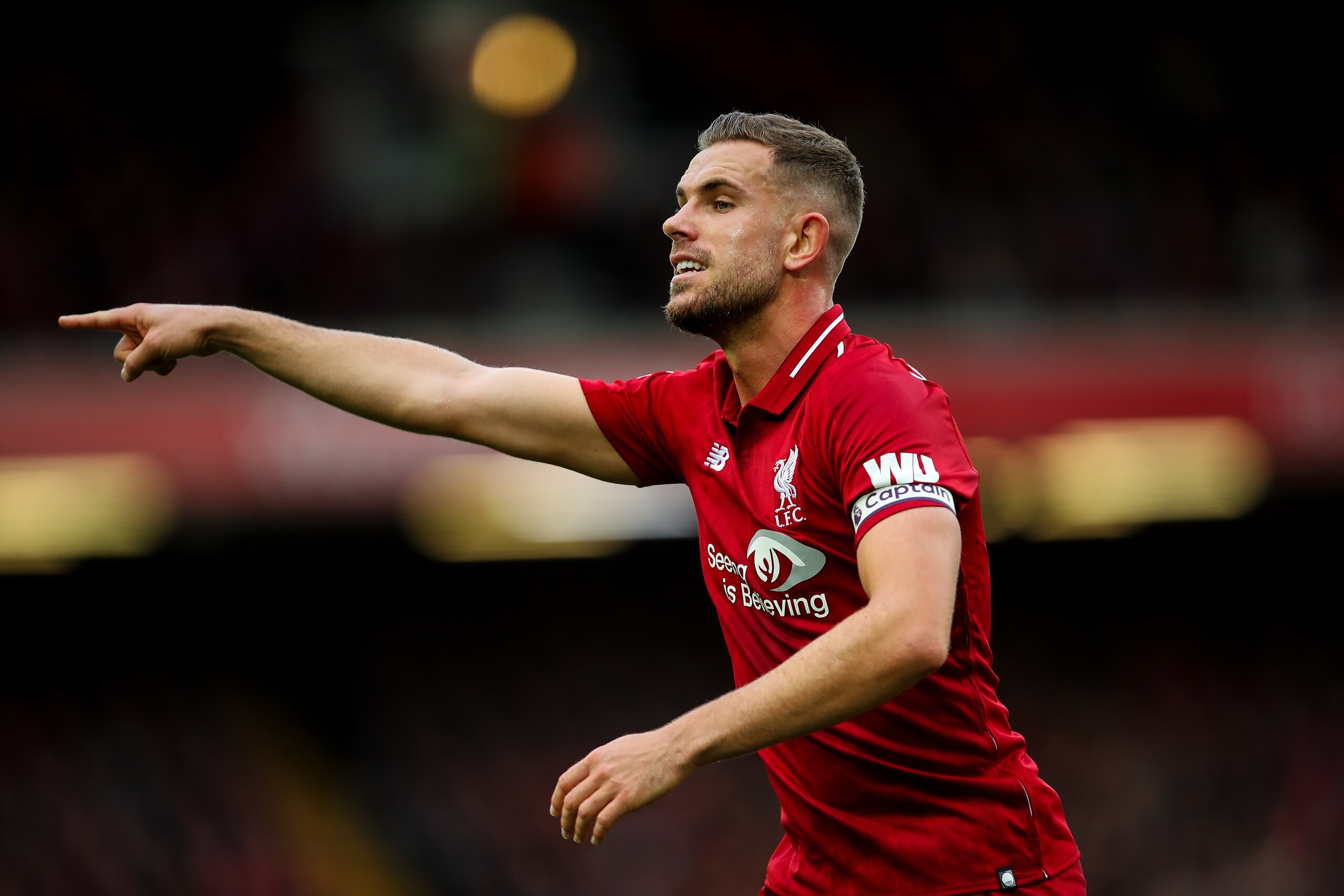 LIVERPOOL, ENGLAND - OCTOBER 07: Jordan Henderson of Liverpool during the Premier League match between Liverpool FC and Manchester City at Anfield on October 7, 2018 in Liverpool, United Kingdom. (Photo by Robbie Jay Barratt - AMA/Getty Images)