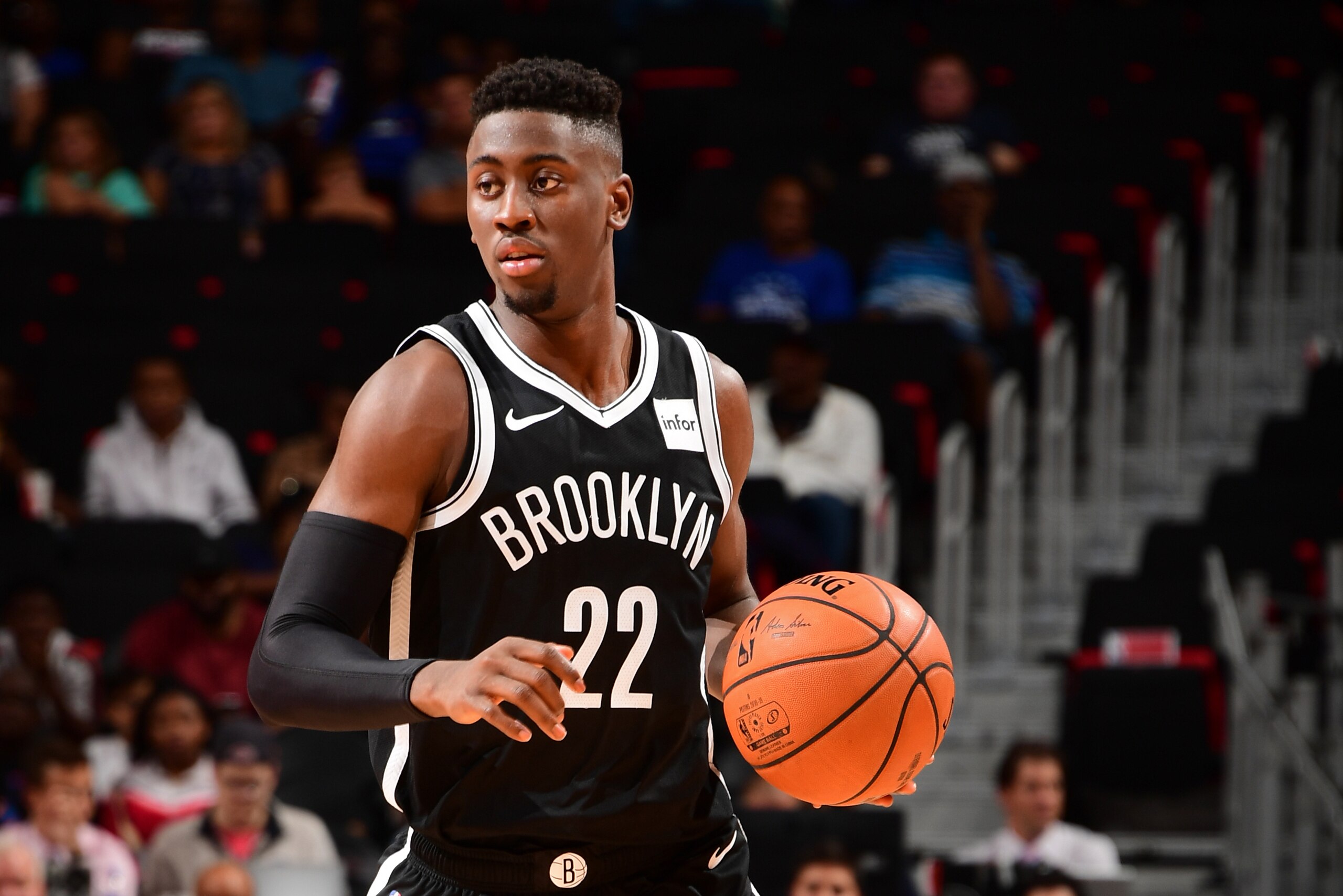 DETROIT, MI - OCTOBER 8:  Caris LeVert #22 of the Brooklyn Nets handles the ball against the Detroit Pistons during a pre-season game on October 8, 2018 at Little Caesars Arena in Detroit, Michigan. NOTE TO USER: User expressly acknowledges and agrees tha