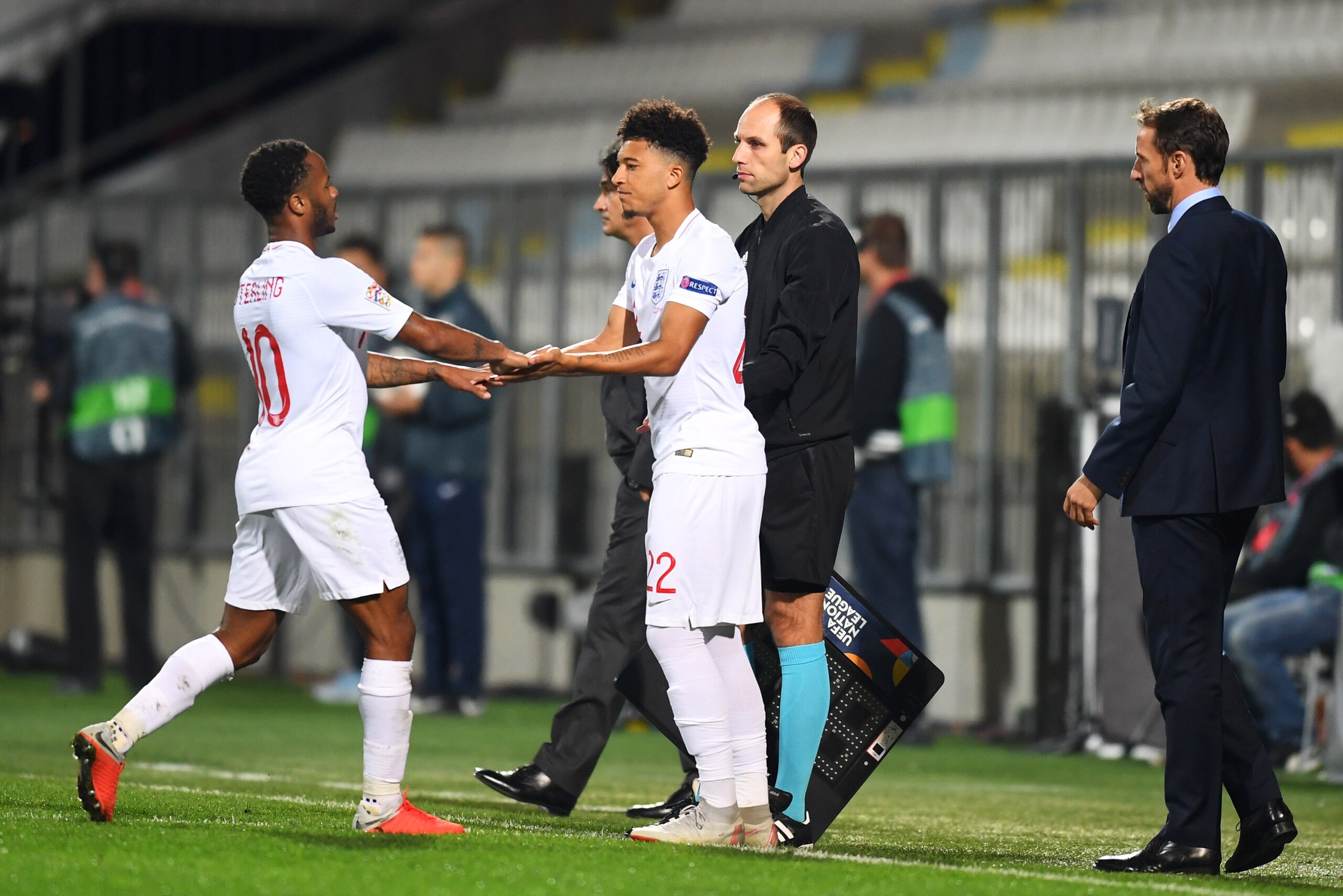 RIJEKA, CROATIA - OCTOBER 12: Raheem Sterling of England is replaced by substitute Jadon Sancho of England during the UEFA Nations League A Group Four match between Croatia and England at Stadion HNK Rijeka on October 12, 2018 in Rijeka, Croatia. The mat RIJEKA, CROATIA - OCTOBER 12: Raheem Sterling of England is replaced by substitute Jadon Sancho of England during the UEFA Nations League A Group Four match between Croatia and England at Stadion HNK Rijeka on October 12, 2018 in Rijeka, Croatia. The mat