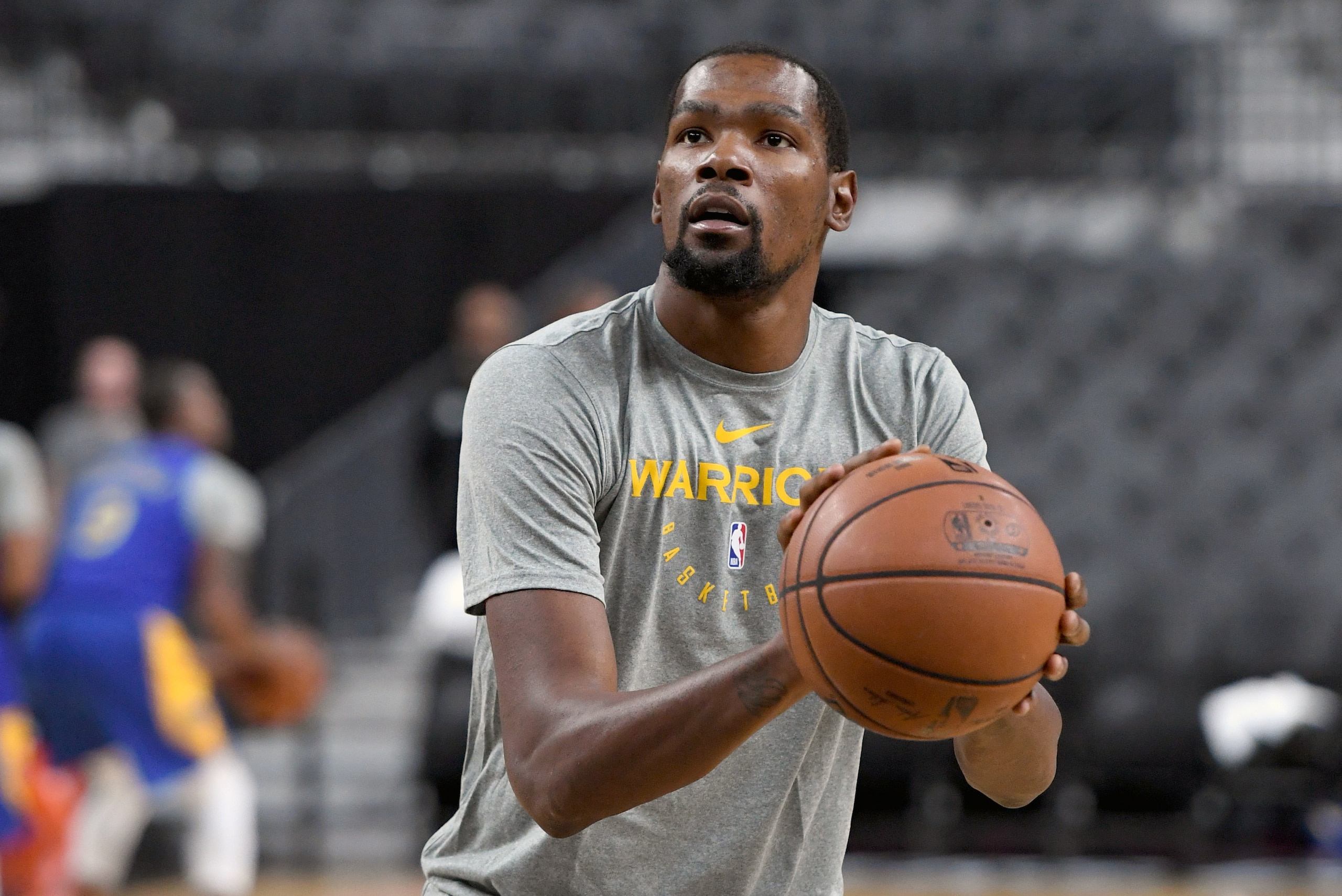 LAS VEGAS, NEVADA - OCTOBER 10:  Kevin Durant #35 of the Golden State Warriors attends a shootaround ahead of the team's preseason game against the Los Angeles Lakers at T-Mobile Arena on October 10, 2018 in Las Vegas, Nevada. NOTE TO USER: User expressly