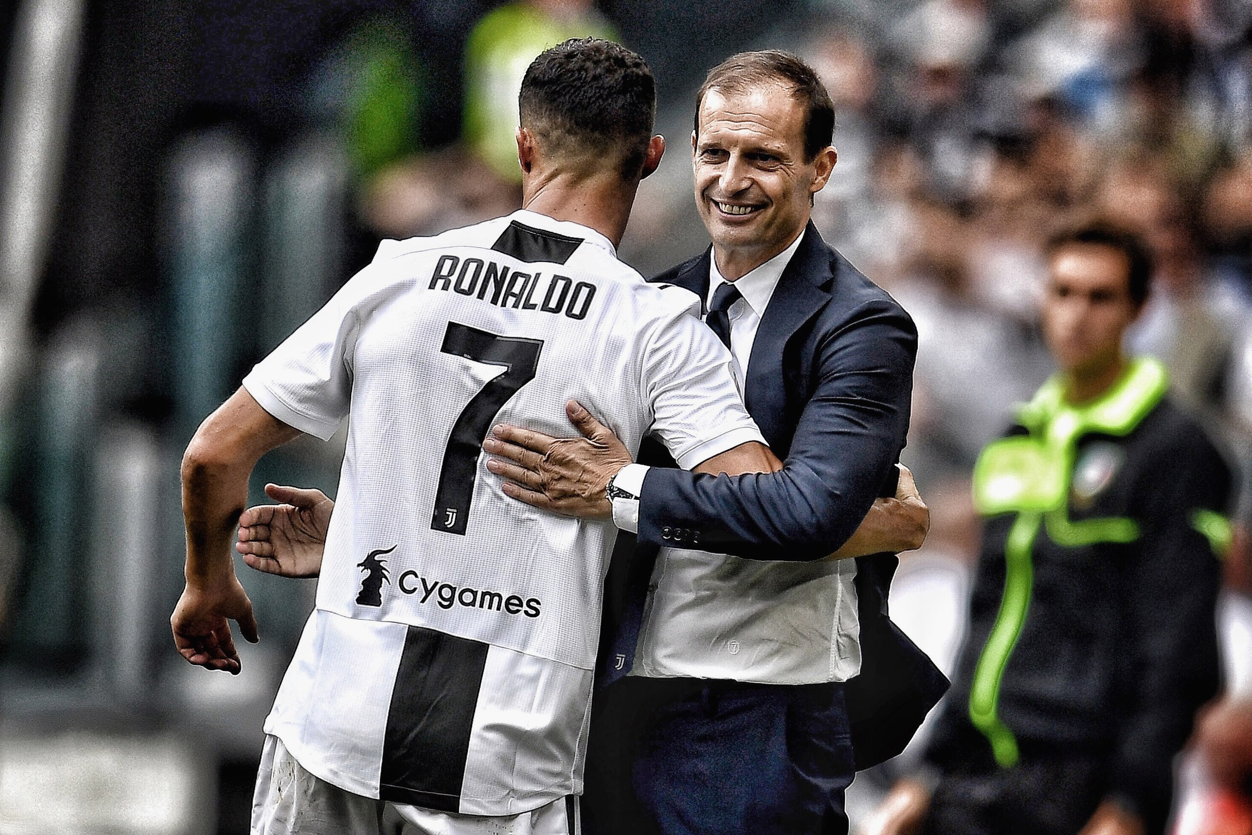 TURIN, ITALY - SEPTEMBER 16:  (EDITORS NOTE: This image was altered using a digital filter) Cristiano Ronaldo of Juventus (L) and head coach Juventus Massimiliano Allegri celebrate after scoring the opening goal during the serie A match between Juventus a