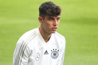 Germany's midfielder Kai Havertz takes part in a training session on the eve of their UEFA international friendly football match Germany versus Peru on September 8, 2018 at the Rhein-Neckar-Arena in Sinsheim. (Photo by Daniel ROLAND / AFP)        (Photo c