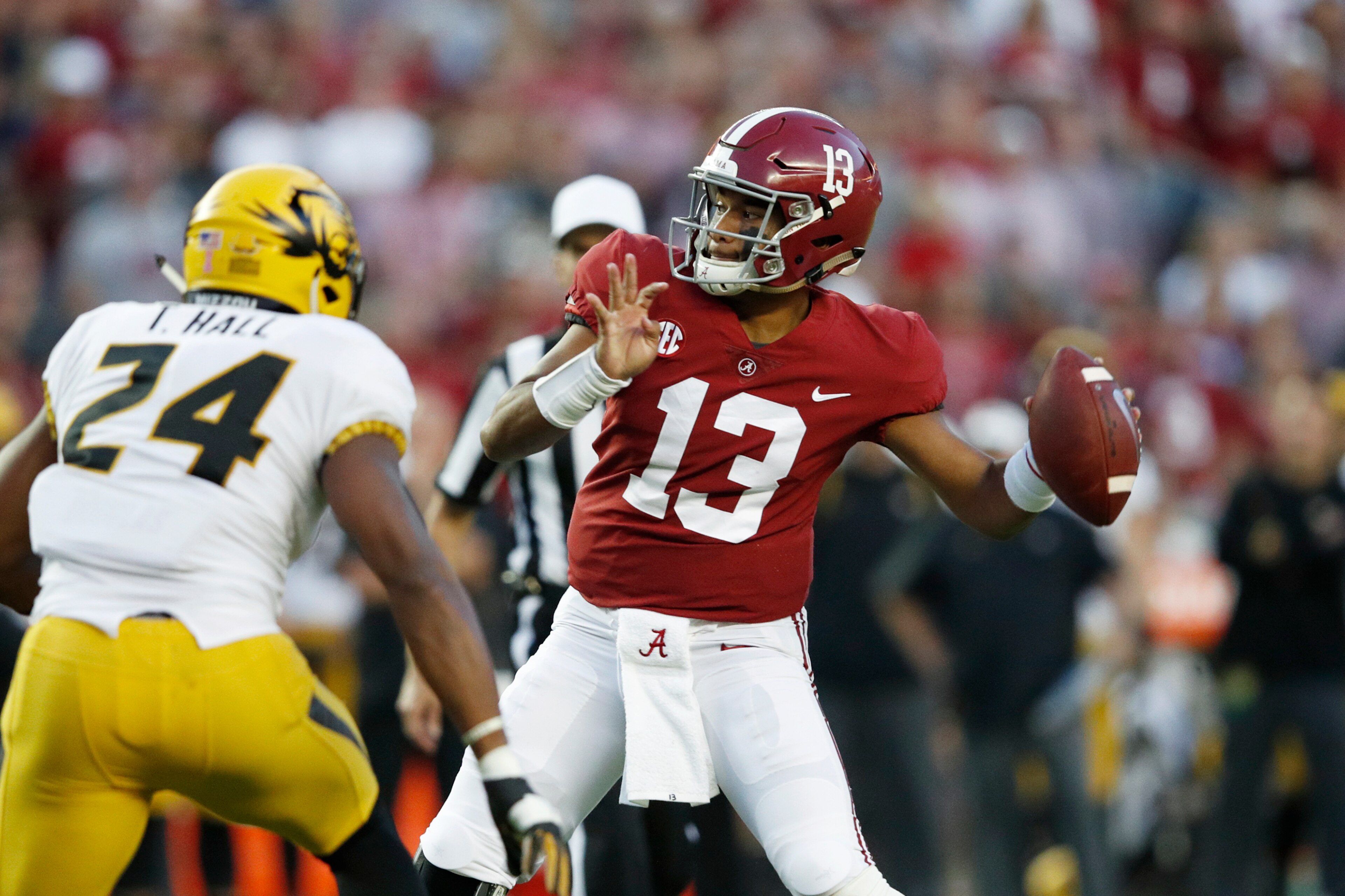 TUSCALOOSA, AL - OCTOBER 13: Tua Tagovailoa #13 of the Alabama Crimson Tide throws a pass in the first quarter of the game against the Missouri Tigers at Bryant-Denny Stadium on October 13, 2018 in Tuscaloosa, Alabama. (Photo by Joe Robbins/Getty Images) TUSCALOOSA, AL - OCTOBER 13: Tua Tagovailoa #13 of the Alabama Crimson Tide throws a pass in the first quarter of the game against the Missouri Tigers at Bryant-Denny Stadium on October 13, 2018 in Tuscaloosa, Alabama. (Photo by Joe Robbins/Getty Images)