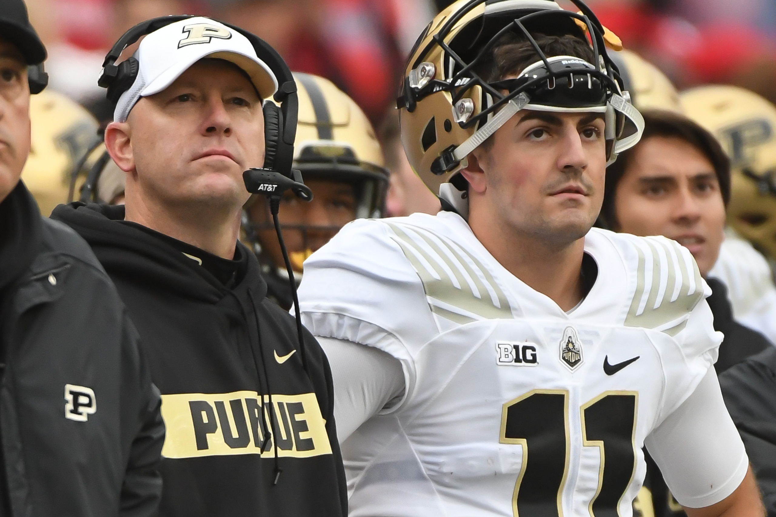 LINCOLN, NE - SEPTEMBER 29: Head coach Jeff Brohm of the Purdue Boilermakers watches action with quarterback David Blough #11 against the Nebraska Cornhuskers at Memorial Stadium on September 29, 2018 in Lincoln, Nebraska. (Photo by Steven Branscombe/Gett