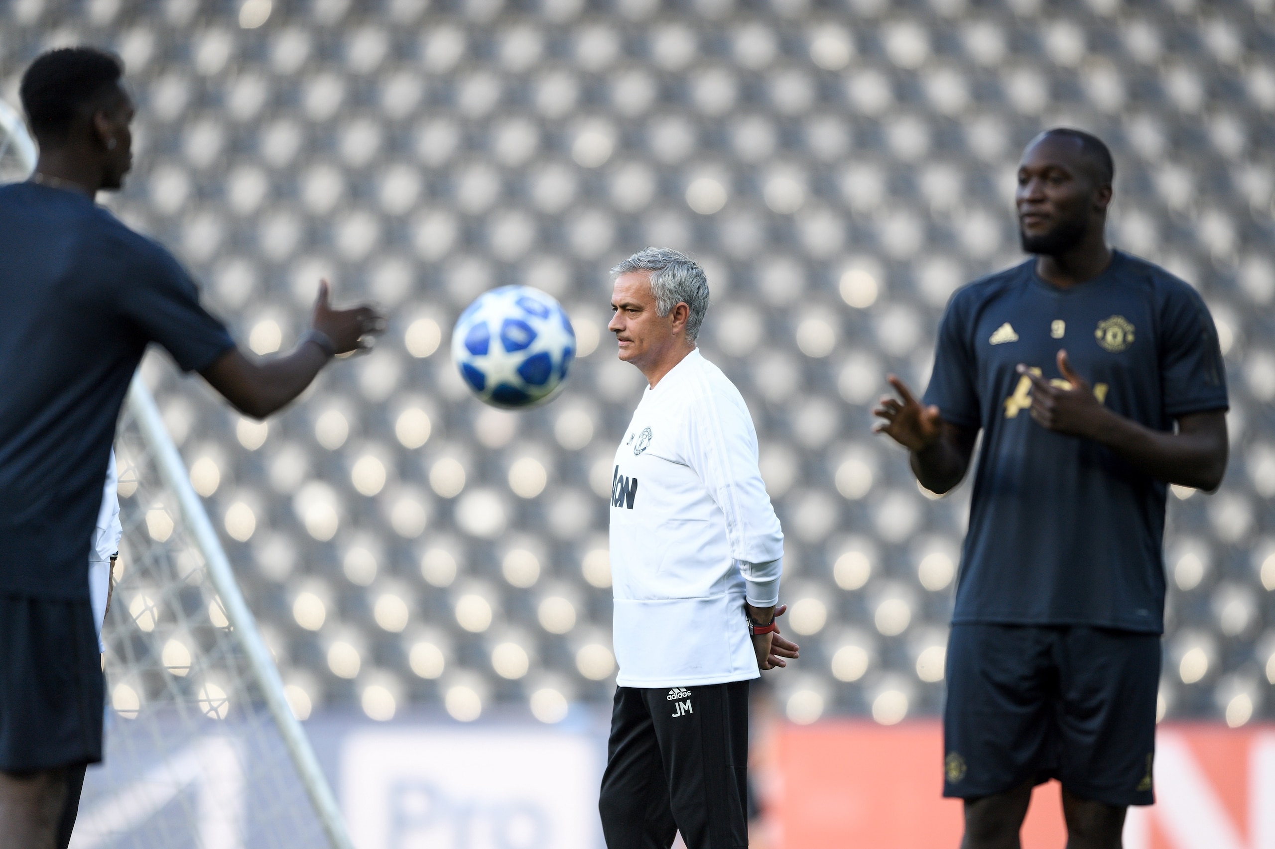 (From L) Manchester United's French midfielder Paul Pogba, Portuguese manager Jose Mourinho and Belgian striker Romelu Lukaku attend a training session on the eve of the UEFA Champions League group stage H football match between Young Boys and Manchester (From L) Manchester United's French midfielder Paul Pogba, Portuguese manager Jose Mourinho and Belgian striker Romelu Lukaku attend a training session on the eve of the UEFA Champions League group stage H football match between Young Boys and Manchester