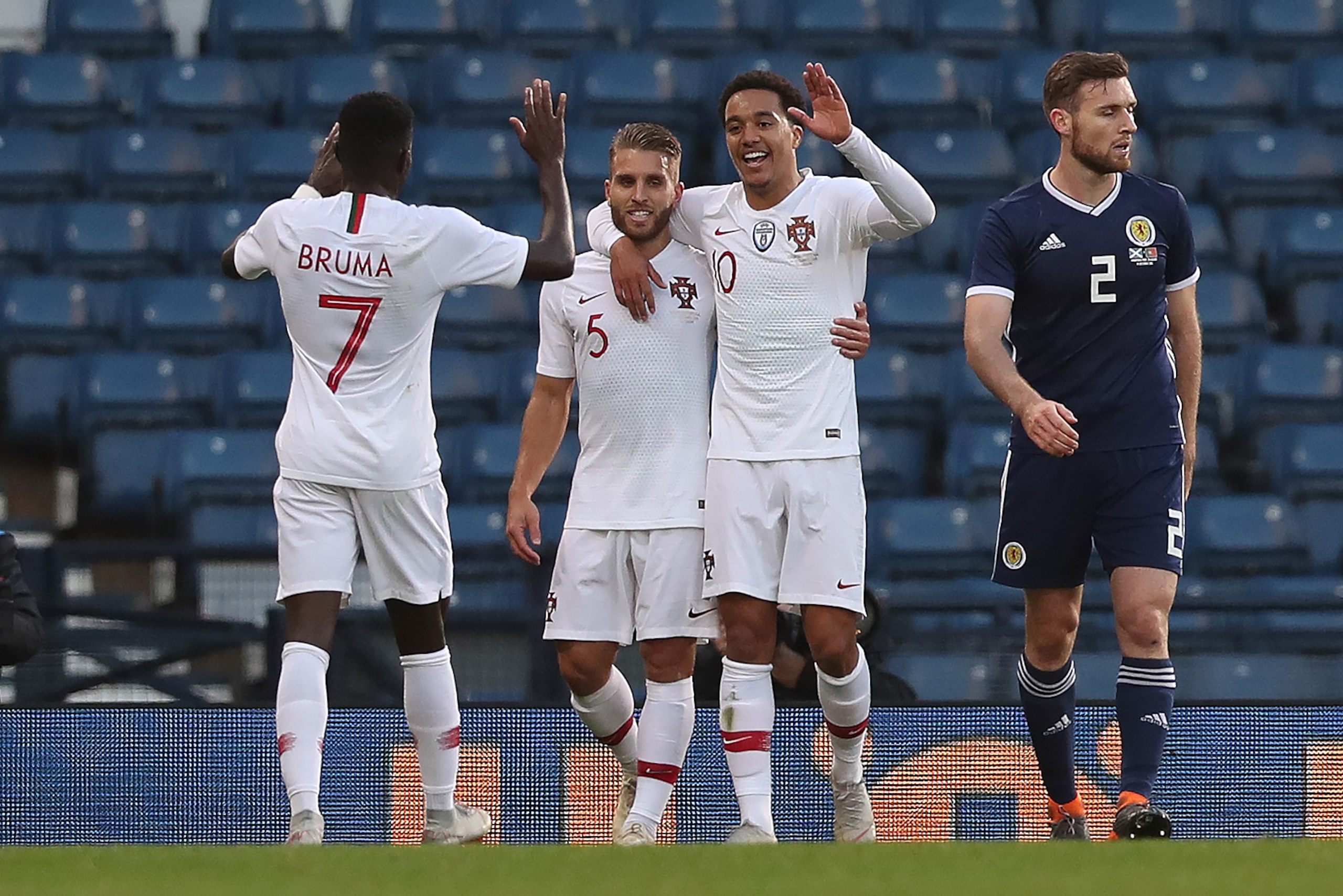GLASGOW, SCOTLAND - OCTOBER 14: Helder Costa of Portugal  celebrates after he scores the opening goal during the International Friendly match between Scotland and Portugal on October 14, 2018 in Glasgow, United Kingdom. (Photo by Ian MacNicol/Getty Images