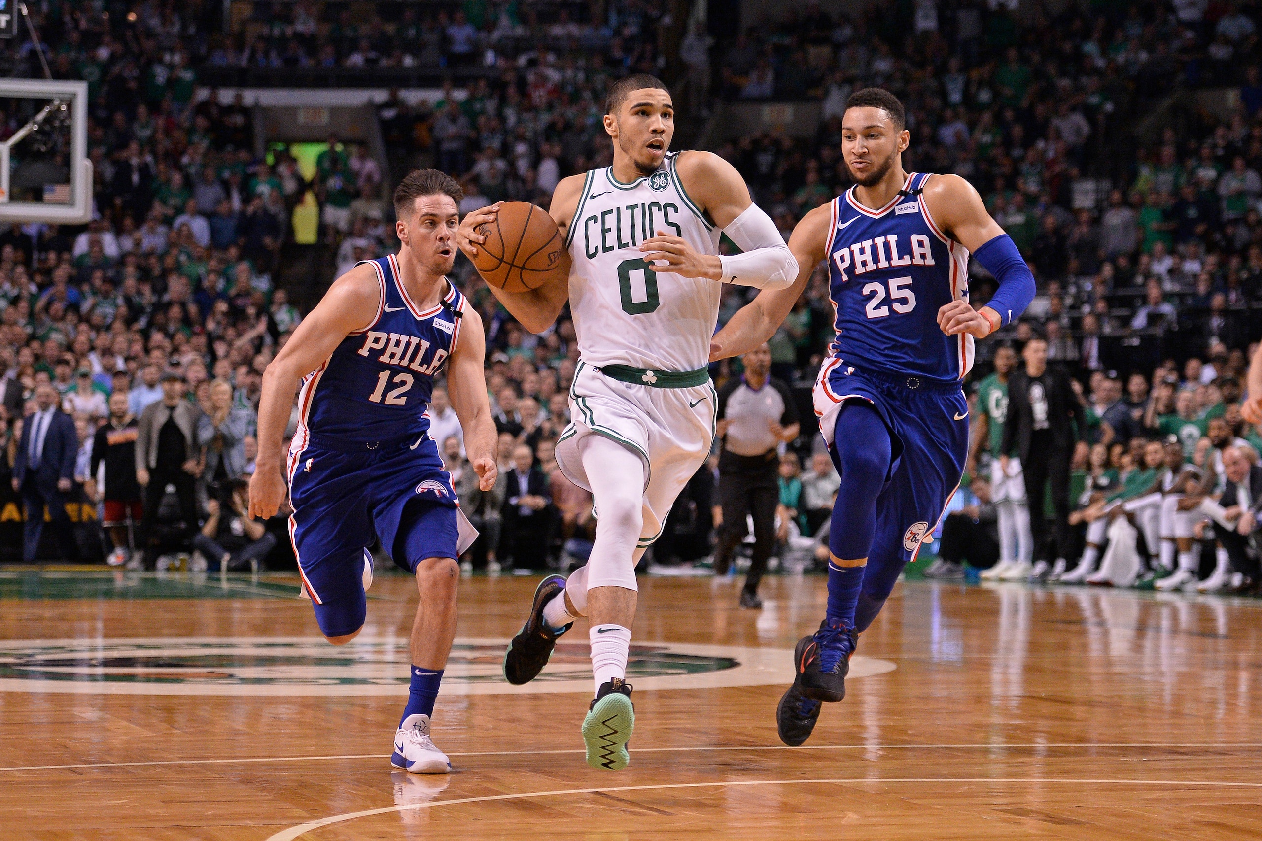 BOSTON, MA - MAY 9:  Jayson Tatum #0 of the Boston Celtics handles the ball against the Philadelphia 76ers Game Five of the Eastern Conference Semifinals of the 2018 NBA Playoffs on May 9, 2018 at TD Garden in Boston, Massachusetts. NOTE TO USER: User exp