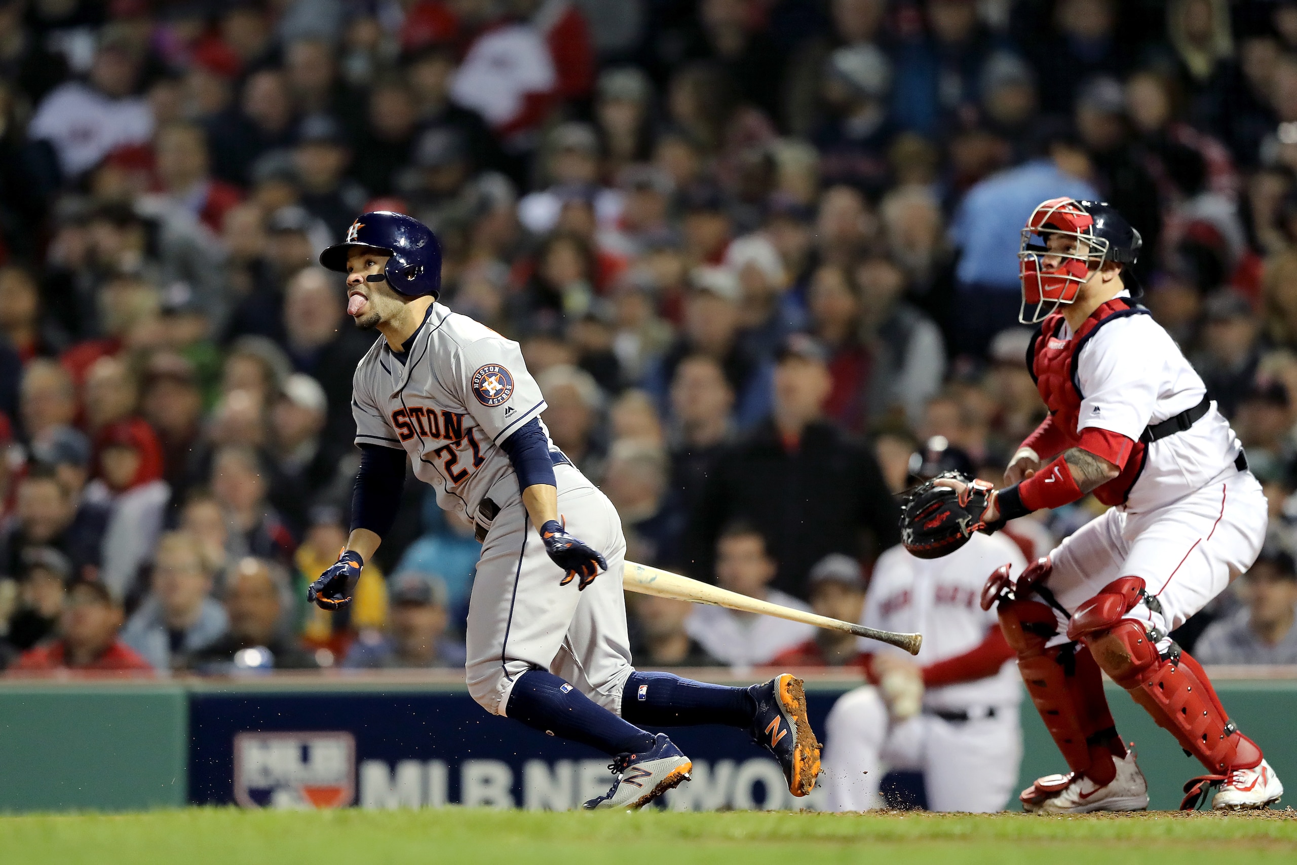 BOSTON, MA - OCTOBER 14:  Jose Altuve #27 of the Houston Astros swings at a pitch during the fifth inning against the Boston Red Sox in Game Two of the American League Championship Series at Fenway Park on October 14, 2018 in Boston, Massachusetts.  (Phot