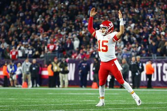 FOXBOROUGH, MA - OCTOBER 14:  Patrick Mahomes #15 of the Kansas City Chiefs reacts after a touchdown in the fourth quarter of.a game against the New England Patriots at Gillette Stadium on October 14, 2018 in Foxborough, Massachusetts.  (Photo by Adam Gla