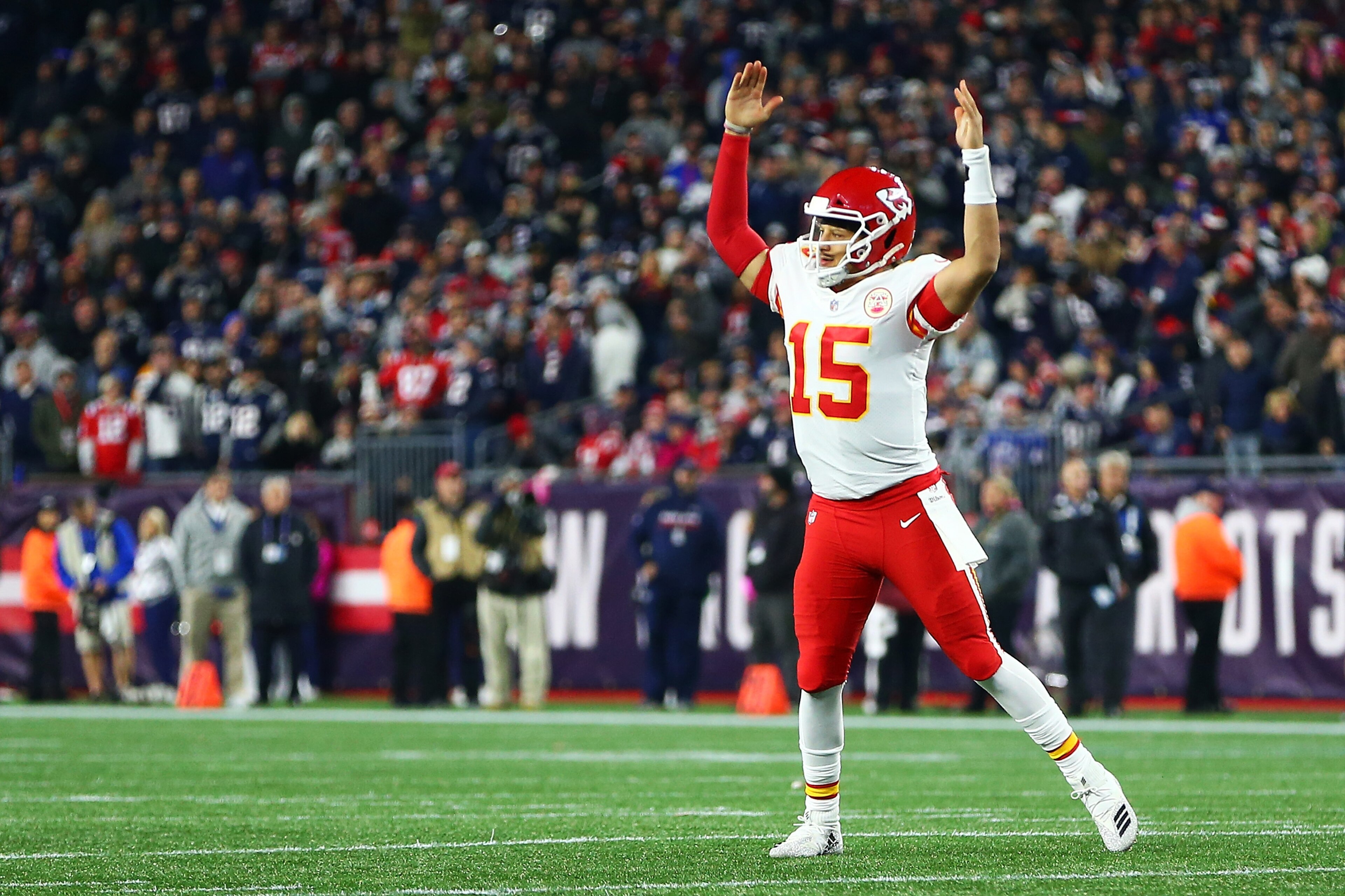 FOXBOROUGH, MA - OCTOBER 14:  Patrick Mahomes #15 of the Kansas City Chiefs reacts after a touchdown in the fourth quarter of.a game against the New England Patriots at Gillette Stadium on October 14, 2018 in Foxborough, Massachusetts.  (Photo by Adam Gla
