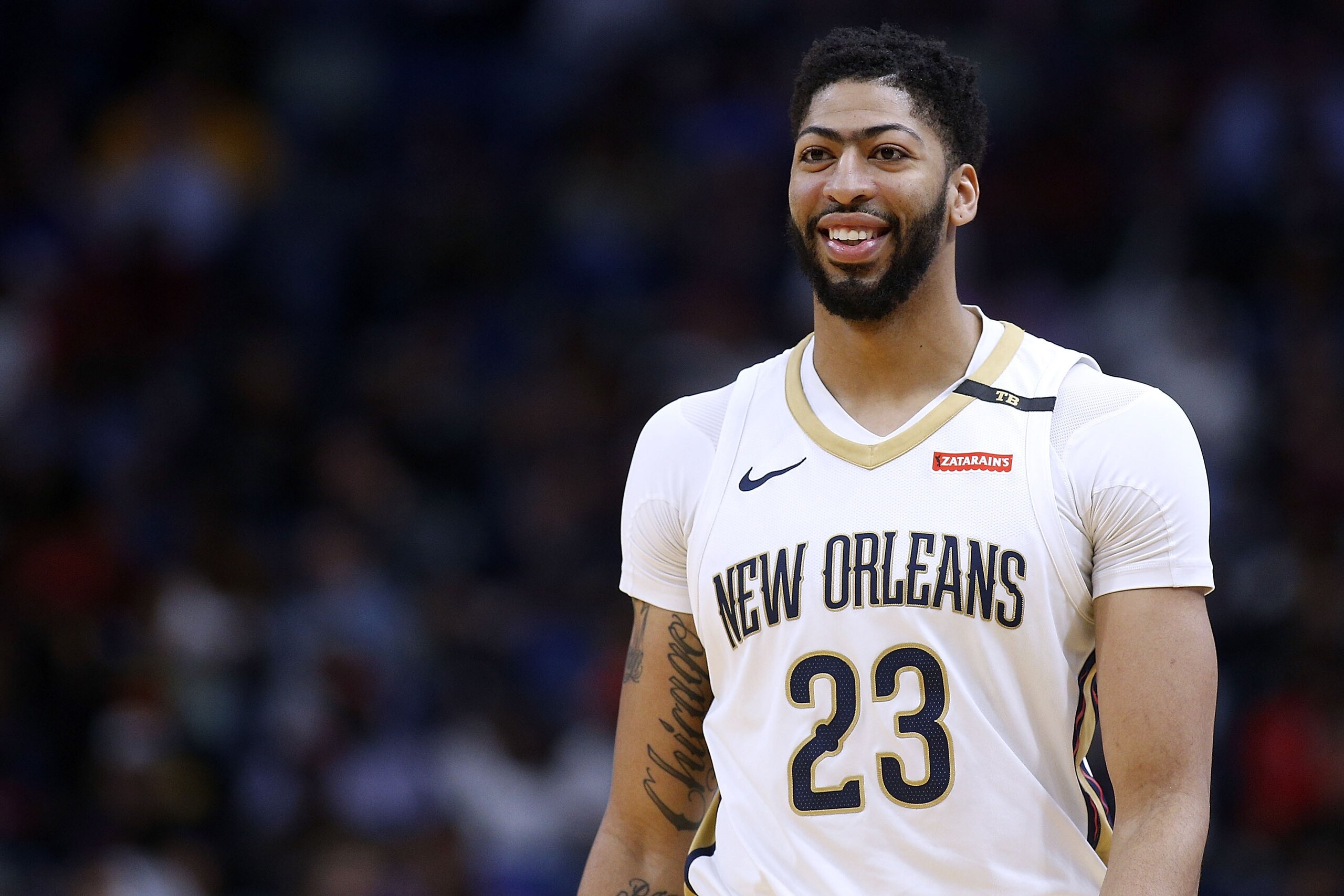 NEW ORLEANS, LA - MARCH 22:  Anthony Davis #23 of the New Orleans Pelicans reacts during the first half against the Los Angeles Lakers at the Smoothie King Center on March 22, 2018 in New Orleans, Louisiana. NOTE TO USER: User expressly acknowledges and a