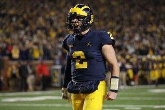 ANN ARBOR, MI - OCTOBER 13: Shea Patterson #2 of the Michigan Wolverines reacts to a a Karan Higdon #22 first half touchdown while playing the Wisconsin Badgers on October 13, 2018 at Michigan Stadium in Ann Arbor, Michigan. (Photo by Gregory Shamus/Getty