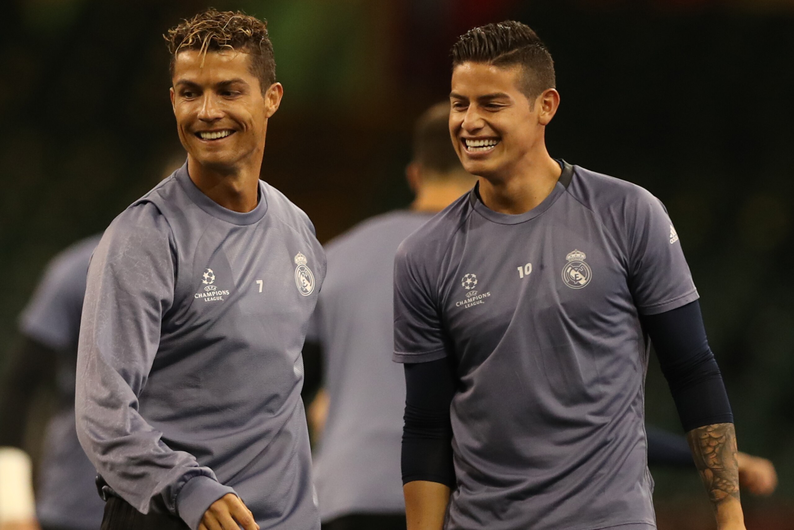 CARDIFF, WALES - JUNE 02: Cristiano Ronaldo and James Rodríguez of Real Madrid areseen during a training session prior to The UEFA Champions League Final between Juventus and Real Madrid at the National Stadium of Wales on June 02, 2017 in Cardiff, Wales.