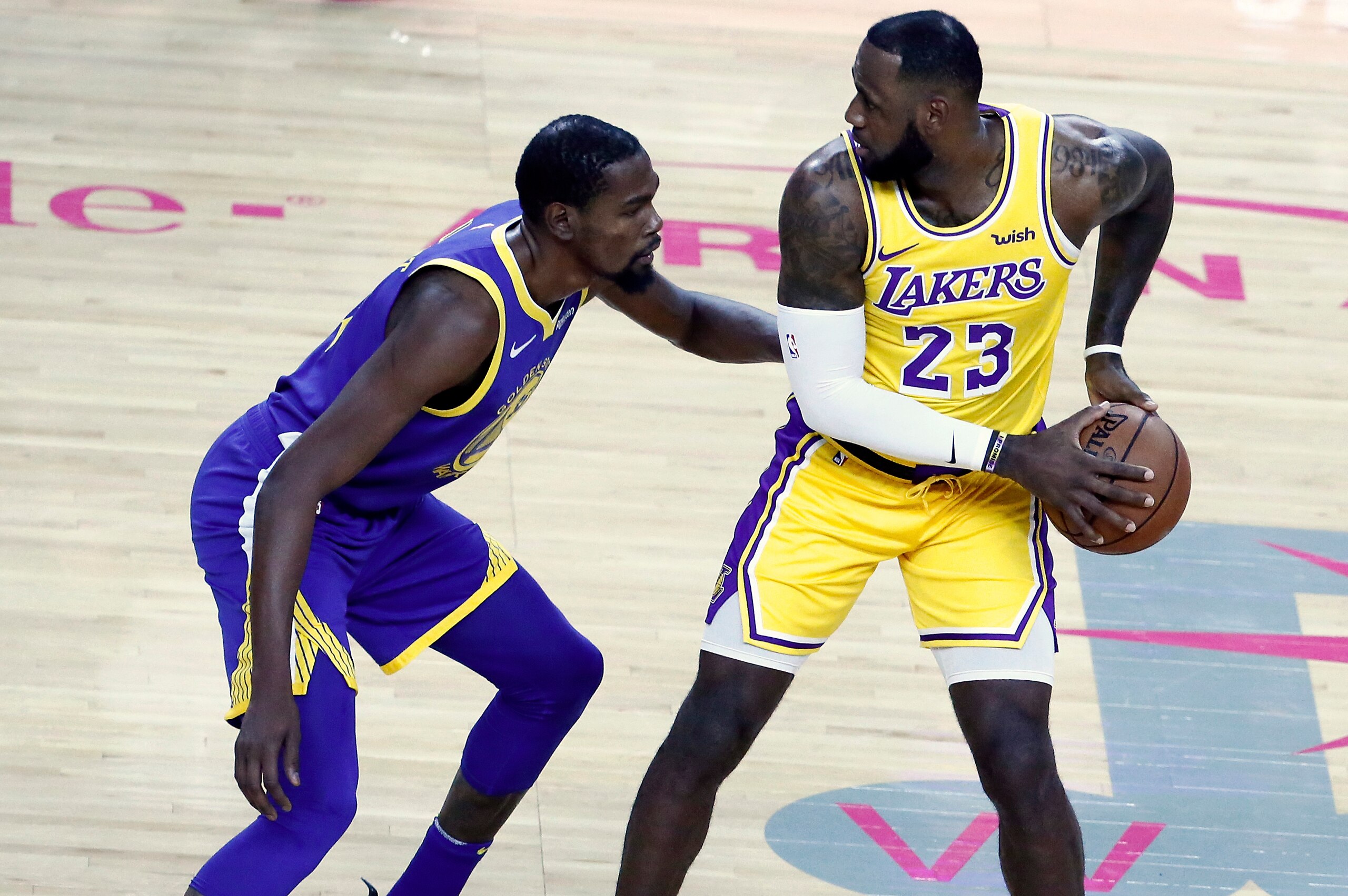 LAS VEGAS, NV- OCTOBER 10:   LeBron James #23 of the Los Angeles Lakers handles the ball against Kevin Durant #35 of the Golden State Warriors on October 10, 2018 at T-Mobile Arena in Las Vegas, Nevada. NOTE TO USER: User expressly acknowledges and agrees