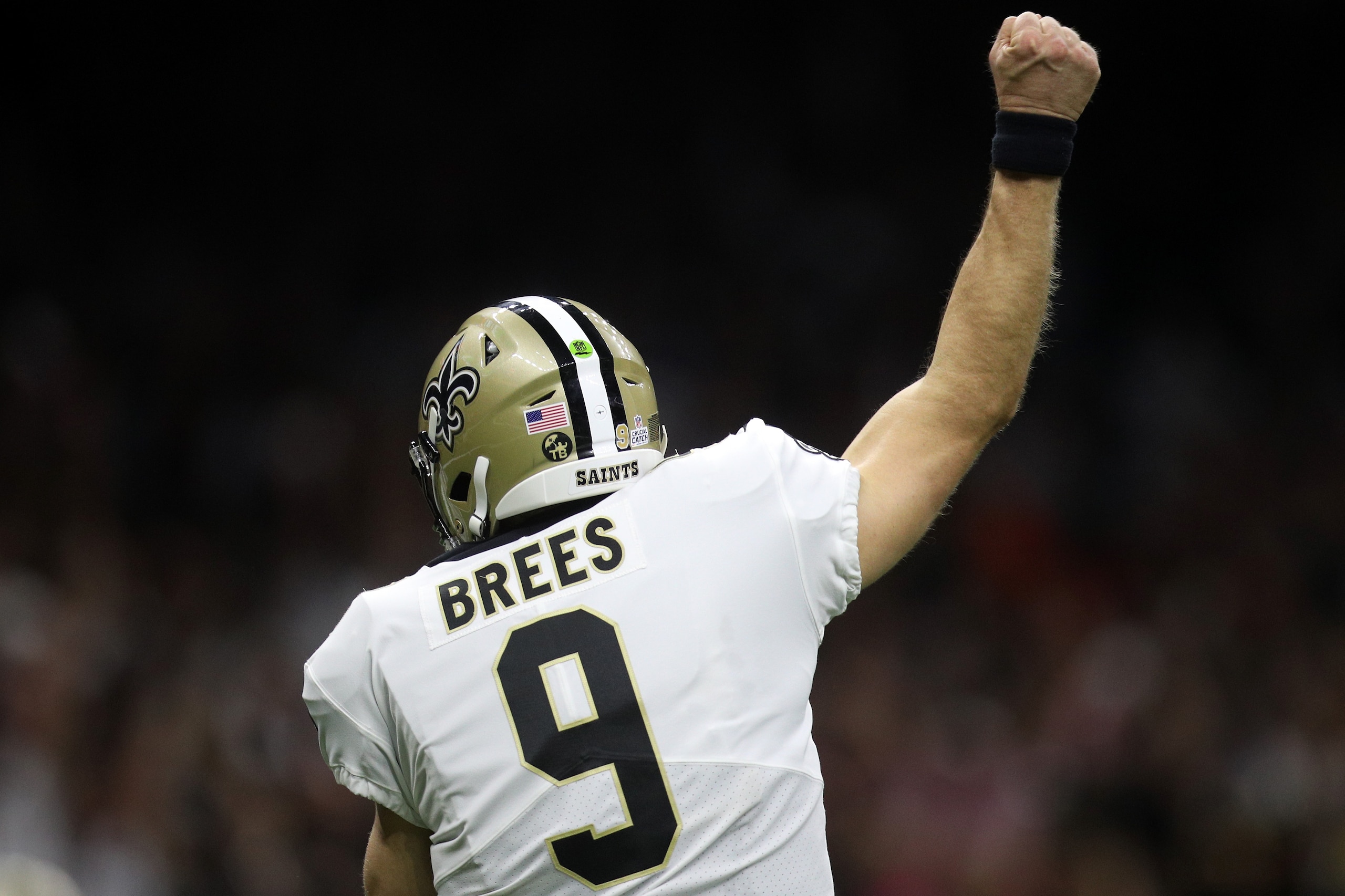 NEW ORLEANS, LA - OCTOBER 08:  Drew Brees #9 of the New Orleans Saints reacts during the second half against the Washington Redskins at Mercedes-Benz Superdome on October 8, 2018 in New Orleans, Louisiana.  (Photo by Chris Graythen/Getty Images)