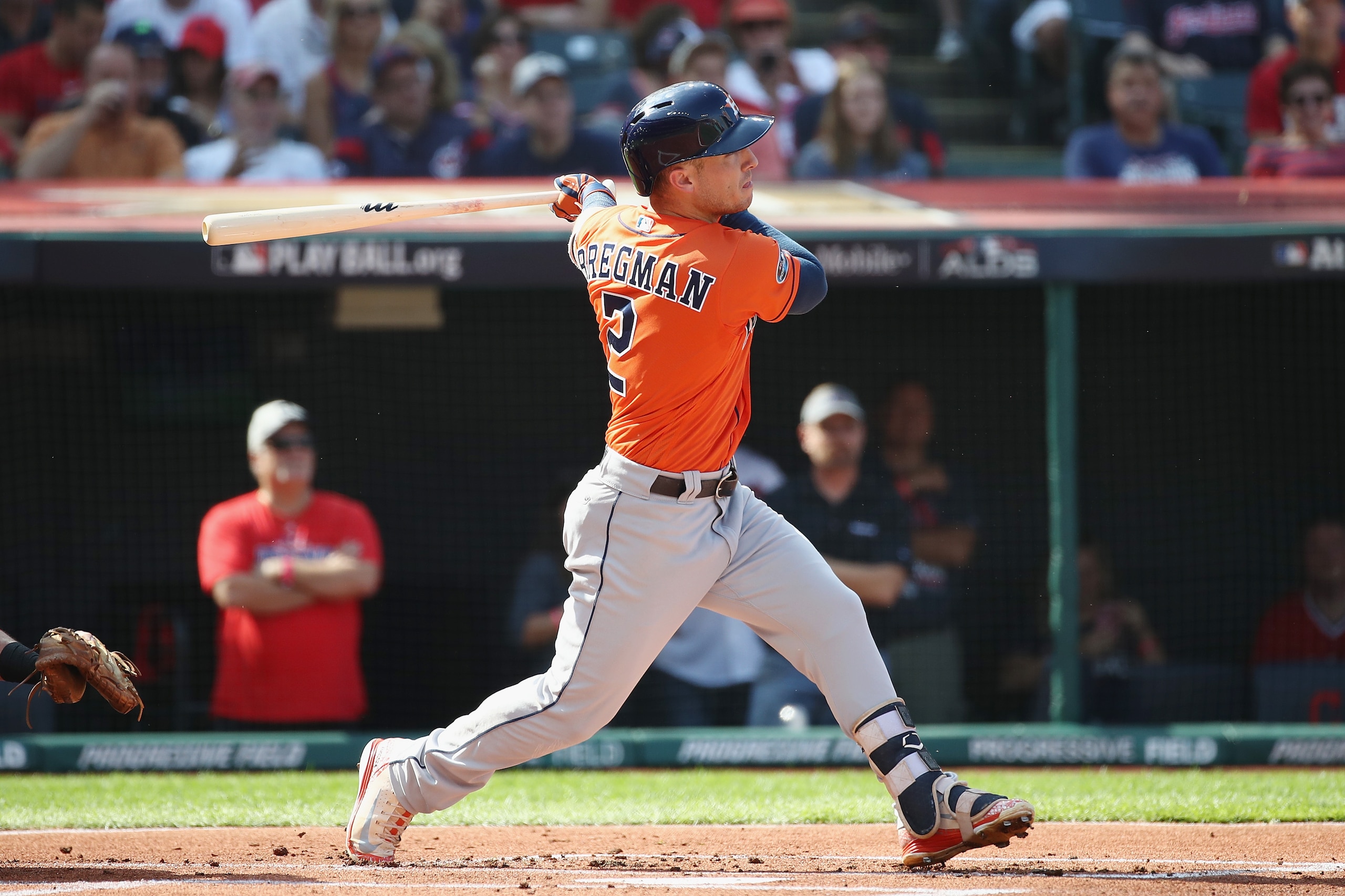 CLEVELAND, OH - OCTOBER 08:  Alex Bregman #2 of the Houston Astros hits a double in the first inning against the Cleveland Indians during Game Three of the American League Division Series at Progressive Field on October 8, 2018 in Cleveland, Ohio.  (Photo