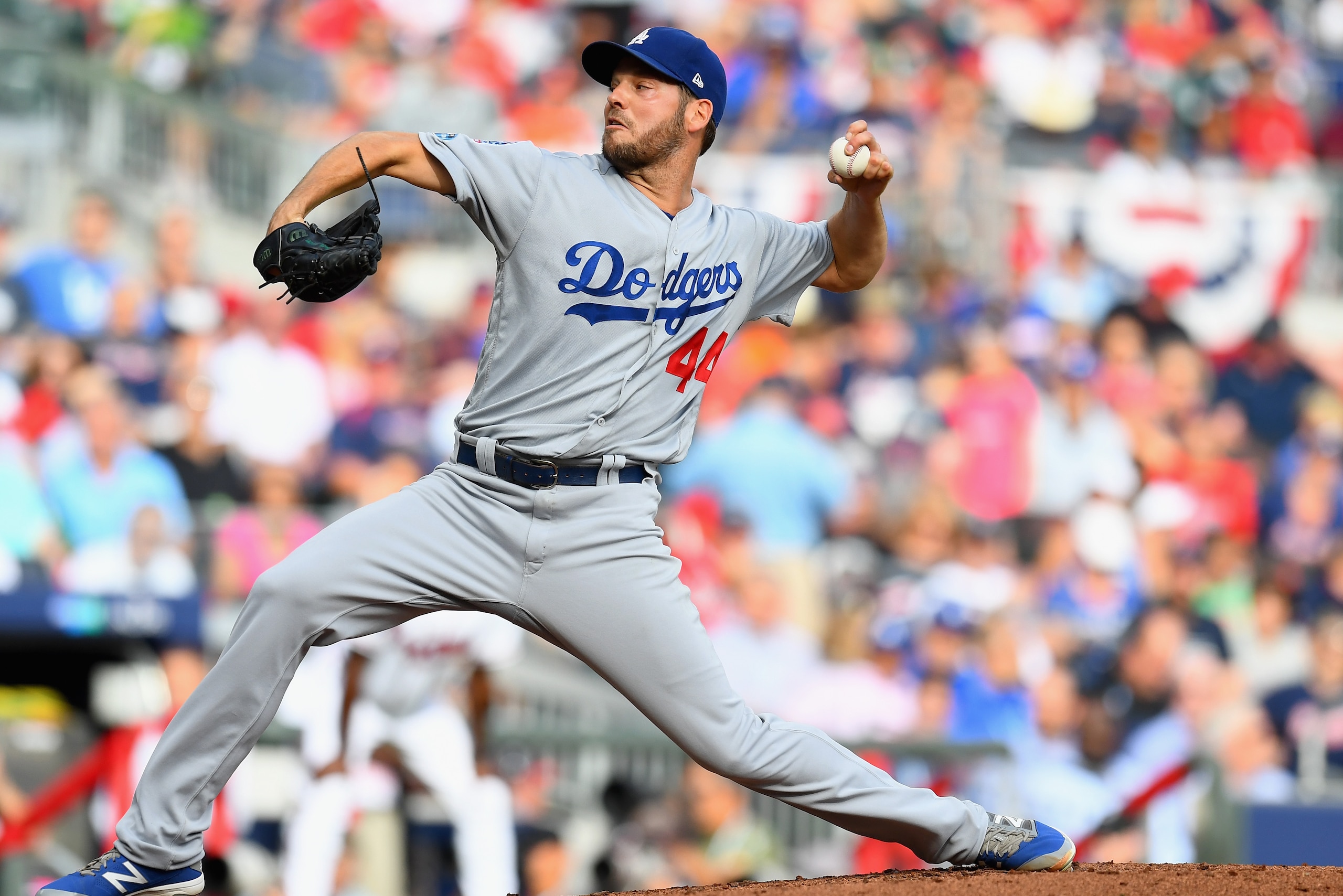 ATLANTA, GA - OCTOBER 08: Rich Hill #44 of the Los Angeles Dodgers pitches in the first inning of Game Four of the National League Division Series against the Atlanta Braves at Turner Field on October 8, 2018 in Atlanta, Georgia. (Photo by Scott Cunning ATLANTA, GA - OCTOBER 08: Rich Hill #44 of the Los Angeles Dodgers pitches in the first inning of Game Four of the National League Division Series against the Atlanta Braves at Turner Field on October 8, 2018 in Atlanta, Georgia. (Photo by Scott Cunning