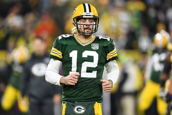 GREEN BAY, WI - OCTOBER 15:  Aaron Rodgers #12 of the Green Bay Packers participates in warmups prior to a game against the San Francisco 49ers at Lambeau Field on October 15, 2018 in Green Bay, Wisconsin.  (Photo by Stacy Revere/Getty Images)