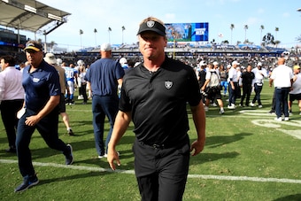 CARSON, CA - OCTOBER 07:  Head coach Jon Gruden of the Oakland Raiders walks off the field after a game against the Los Angeles Chargers  at StubHub Center on October 7, 2018 in Carson, California.  THe Los Angeles Chargers defeated the Oakland Raiders 26