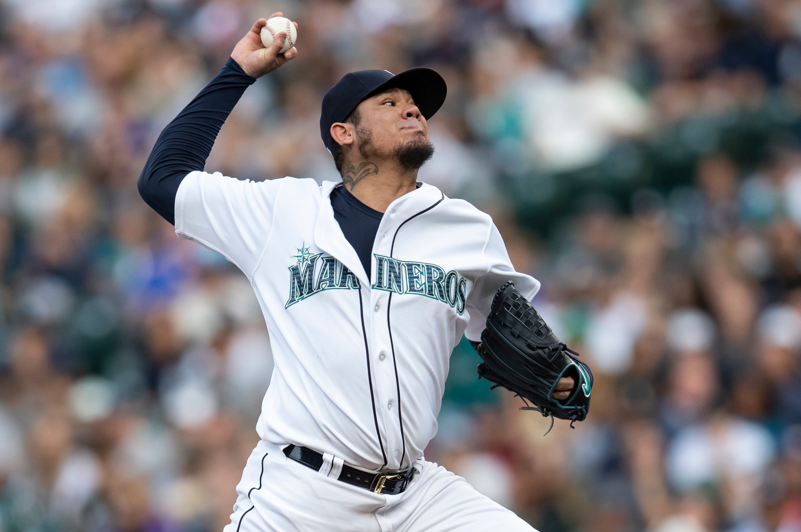 SEATTLE, WA - SEPTEMBER 8: Starter Felix Hernandez #34 of the Seattle Mariners delivers a pitch during the first inning a game against the New York Yankees at Safeco Field on September 8, 2018 in Seattle, Washington. (Photo by Stephen Brashear/Getty Image