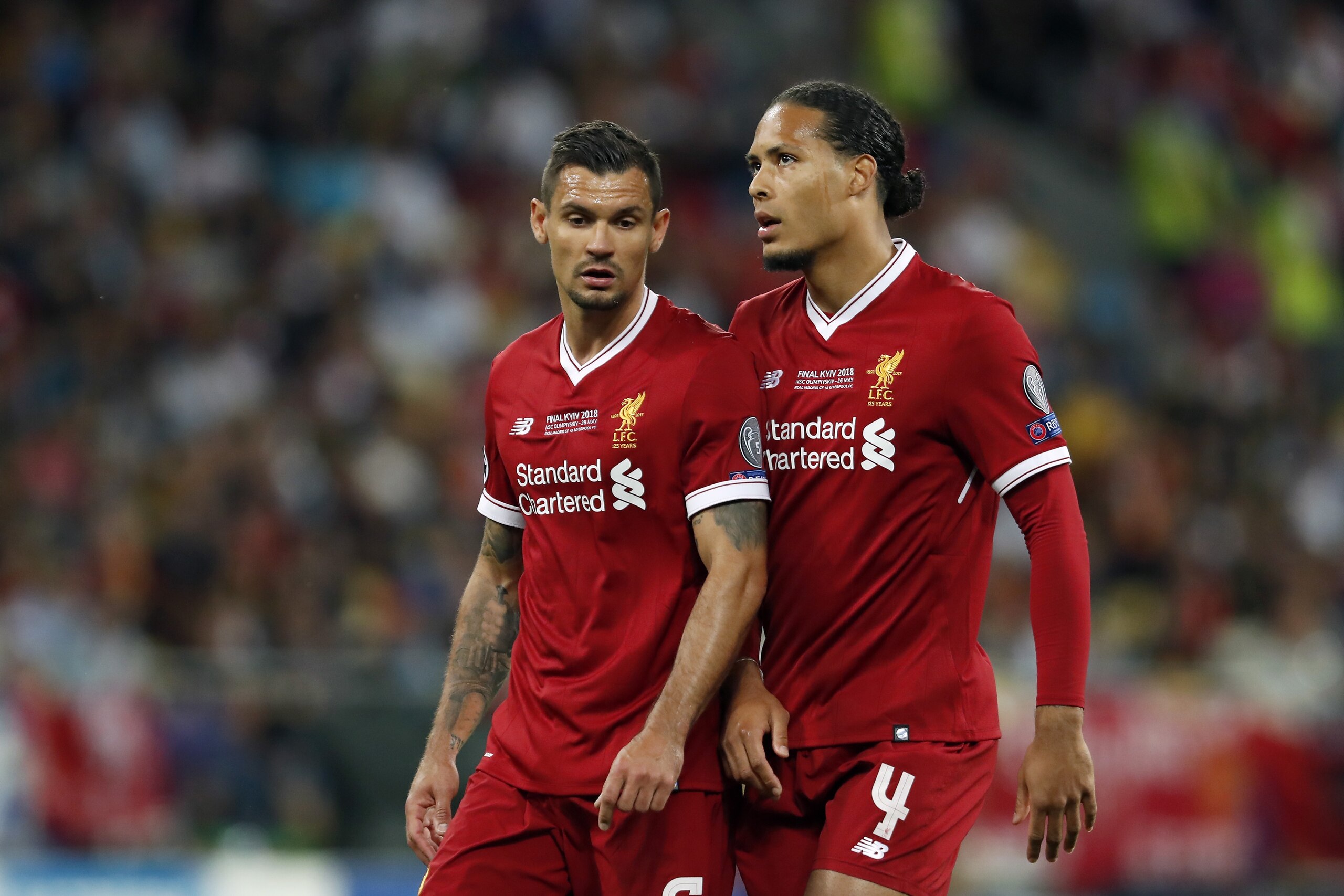 (L-R) Dejan Lovren of Liverpool FC, Virgil van Dijk of Liverpool FC during the UEFA Champions League final between Real Madrid and Liverpool on May 26, 2018 at NSC Olimpiyskiy Stadium in Kyiv, Ukraine(Photo by VI Images via Getty Images)