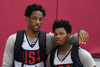 LAS VEGAS, NV - JULY 27:  DeMar DeRozan (L) #35 and Kyle Lowry #43 of the United States attend a practice session at the 2018 USA Basketball Men's National Team minicamp at the Mendenhall Center at UNLV on July 27, 2018 in Las Vegas, Nevada.  (Photo by Et