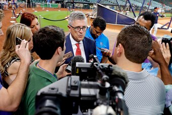 HOUSTON, TX - JULY 11:  Houston Astros general manager Jeff Luhnow speaks with the media about the demotion of closer Ken Giles to Triple-A Fresno after his meltdown in the ninth inning against the Oakland Athletics on Tuesday night at Minute Maid Park on