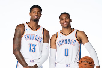 OKLAHOMA CITY, OK - SEPTEMBER 24: Paul George #13 and Russell Westbrook #0 of the Oklahoma City Thunder pose for a portrait during media day at Chesapeake Energy Arena in Oklahoma City, Oklahoma on September 24, 2018. NOTE TO USER: User expressly acknowle