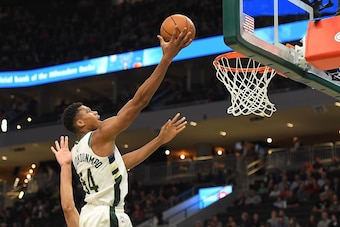 MILWAUKEE, WI - OCTOBER 03:  Giannis Antetokounmpo #34 of the Milwaukee Bucks takes a shot during a preseason game against the Chicago Bulls at the Fiserv Forum on October 3, 2018 in Milwaukee, Wisconsin. NOTE TO USER: User expressly acknowledges and agre