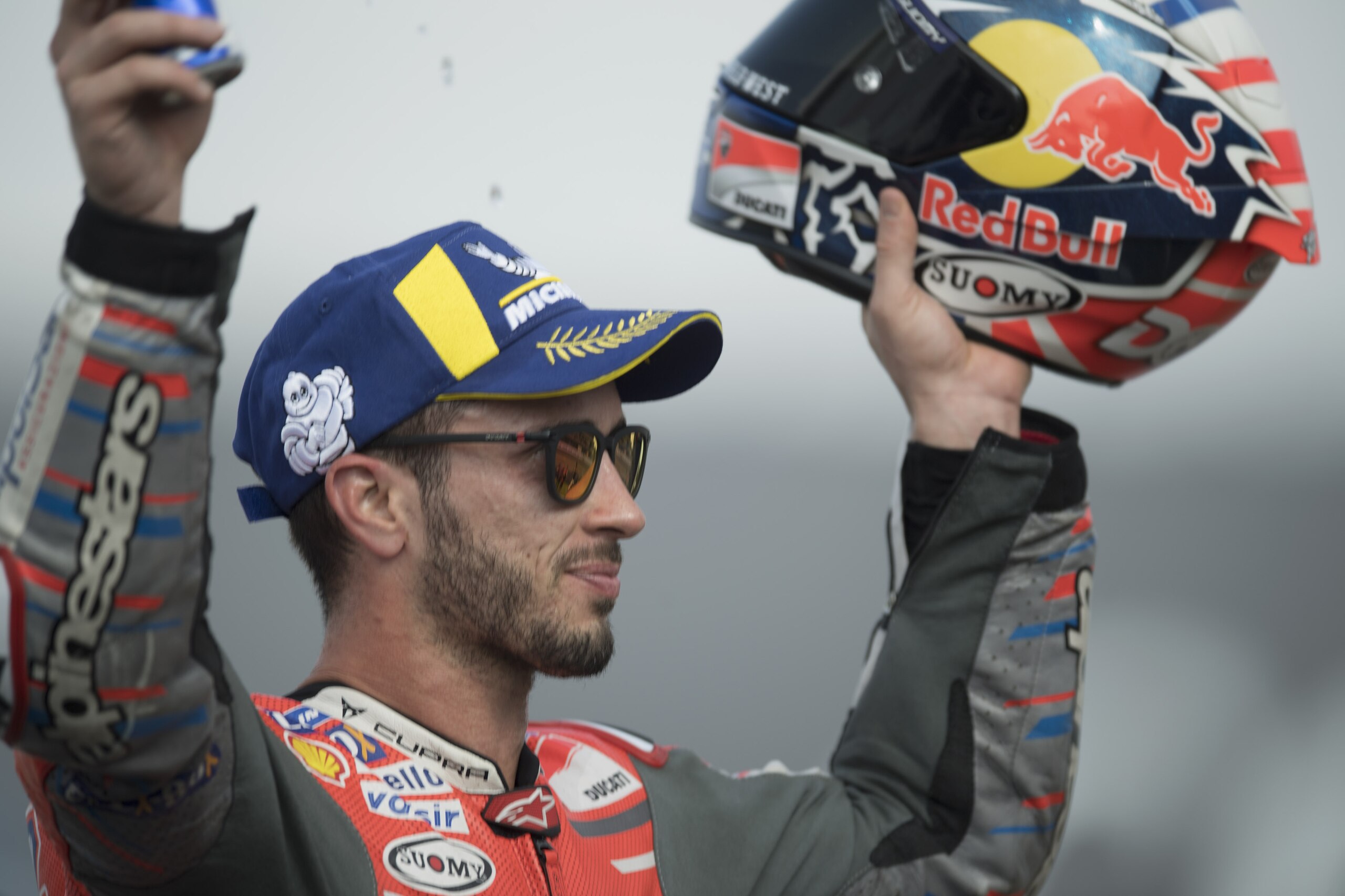 BURI RAM, THAILAND - OCTOBER 07:  Andrea Dovizioso of Italy and Ducati Team celebrates the second place on the podium at the end of the MotoGP race during the MotoGP Of Thailand - Race on October 7, 2018 in Buri Ram, Thailand.  (Photo by Mirco Lazzari gp/