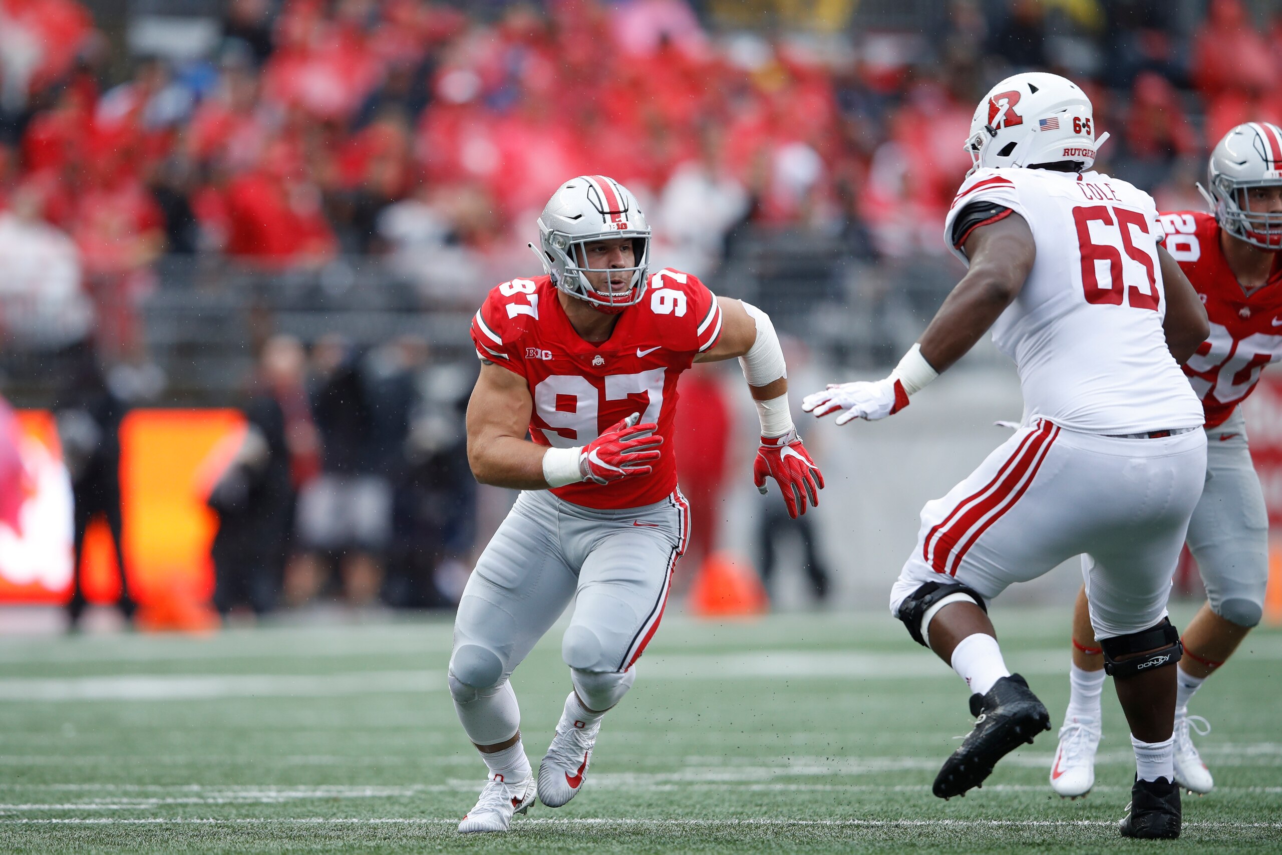 COLUMBUS, OH - SEPTEMBER 08: Nick Bosa #97 of the Ohio State Buckeyes in action during the game against the Rutgers Scarlet Knights at Ohio Stadium on September 8, 2018 in Columbus, Ohio. Ohio State won 52-3. (Photo by Joe Robbins/Getty Images)
