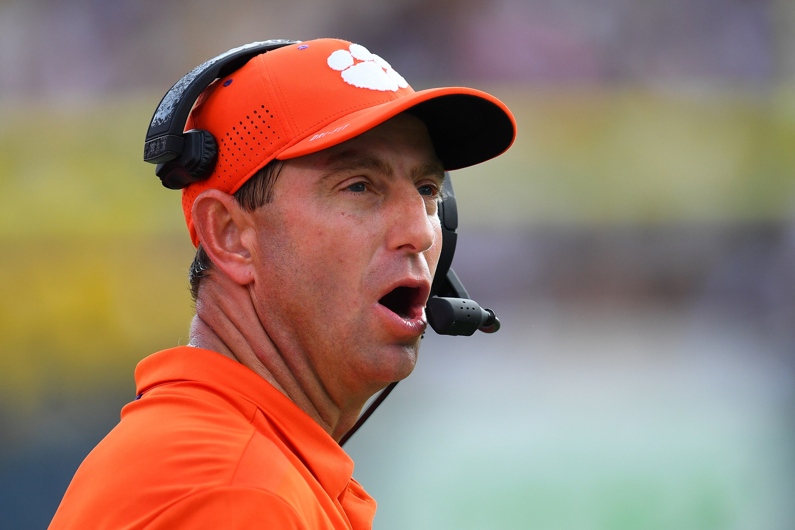 ATLANTA, GA - SEPTEMBER 22: Head Coach Dabo Swinney of the Clemson Tigers calls a play against the Georgia Tech Yellow Jackets on September 22, 2018 in Atlanta, Georgia. (Photo by Scott Cunningham/Getty Images)