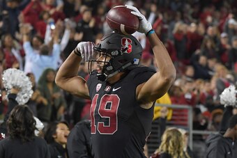 PALO ALTO, CA - OCTOBER 14:  JJ Arcega-Whiteside #19 of the Stanford Cardinal celebrates after catching a touchdown against the Oregon Ducks during the third quarter of their NCAA football game at Stanford Stadium on October 14, 2017 in Palo Alto, Califor