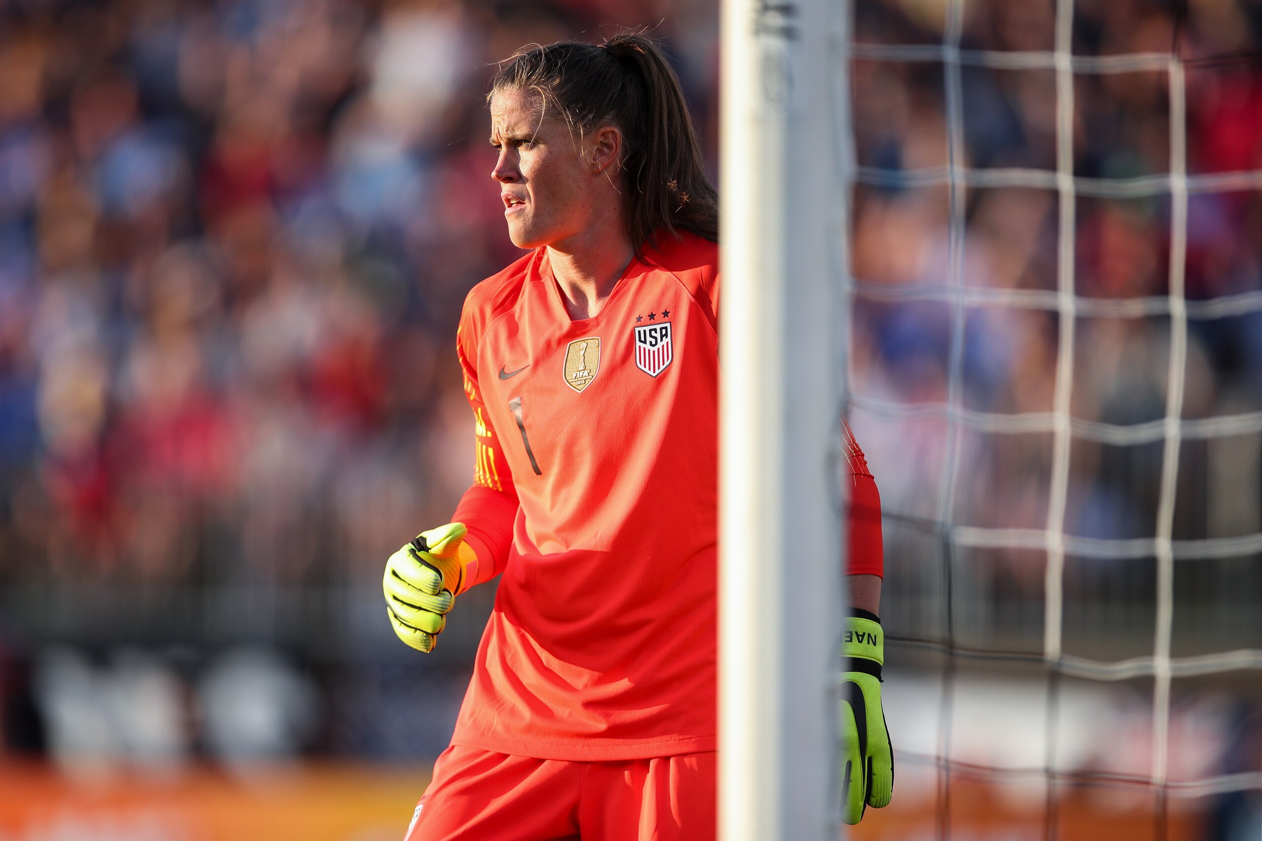 EAST HARTFORD, CT - JULY 29: Alyssa Naeher of United States of America during the Tournament of Nations match between Australia and United States of America at Pratt & Whitney Stadium on July 29, 2018 in East Hartford, Connecticut. (Photo by Robbie Jay Ba