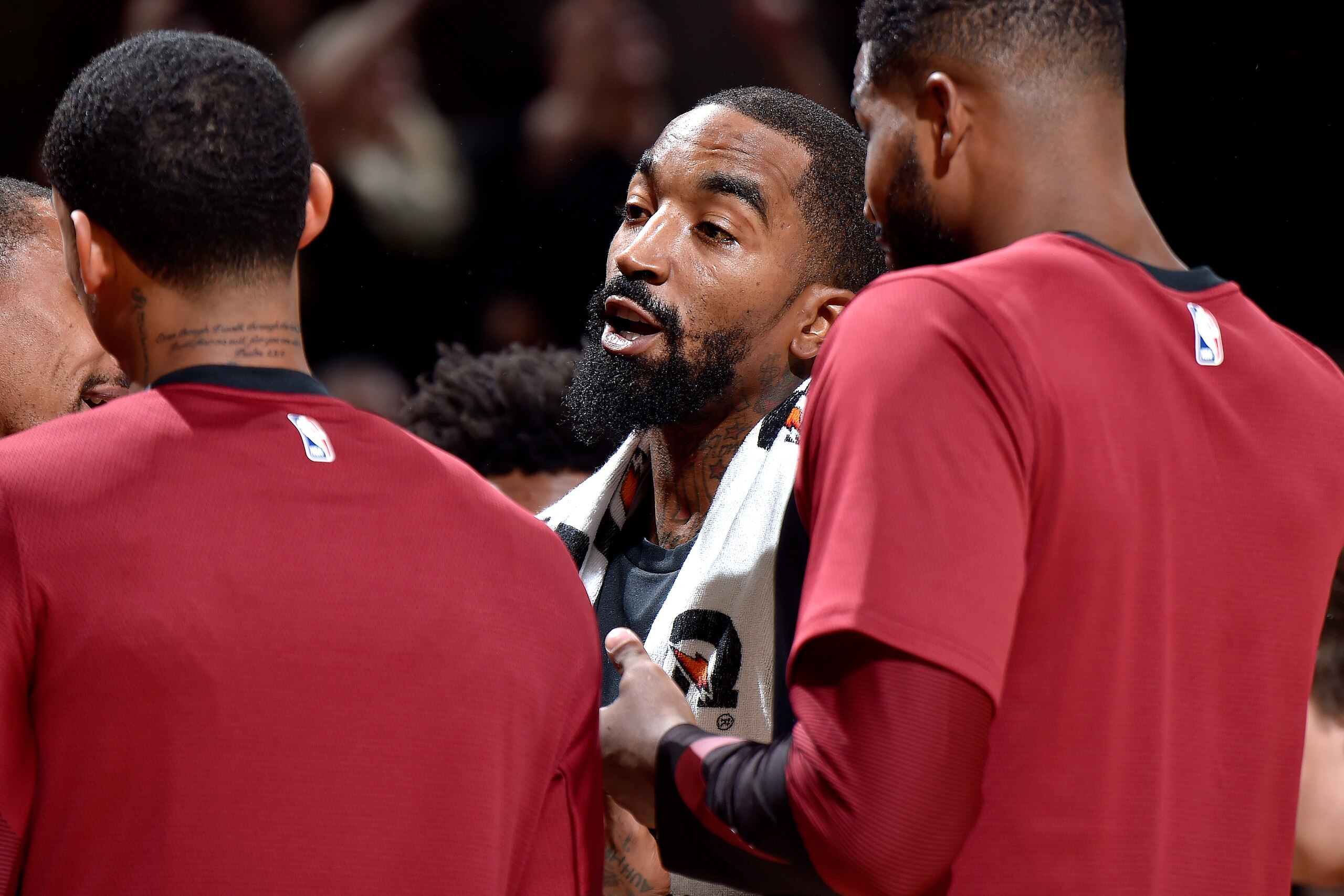 CLEVELAND, OH - OCTOBER 6: JR Smith #5 of the Cleveland Cavaliers is seen in the huddle against the Boston Celtics during a pre-season game on October 6, 2018 at Quicken Loans Arena in Cleveland, Ohio.  NOTE TO USER: User expressly acknowledges and agrees