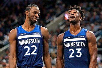 SAN ANTONIO,TX - OCTOBER 17 : Andrew Wiggins #22 of the Minnesota Timberwolves and Jimmy Buttler talk after a foul called against the San Antonio Spurs in season opener at AT&T Center on October 17 , 2018 in San Antonio, Texas. NOTE TO USER: User expre SAN ANTONIO,TX - OCTOBER 17 : Andrew Wiggins #22 of the Minnesota Timberwolves and Jimmy Buttler talk after a foul called against the San Antonio Spurs in season opener at AT&T Center on October 17 , 2018 in San Antonio, Texas. NOTE TO USER: User expre
