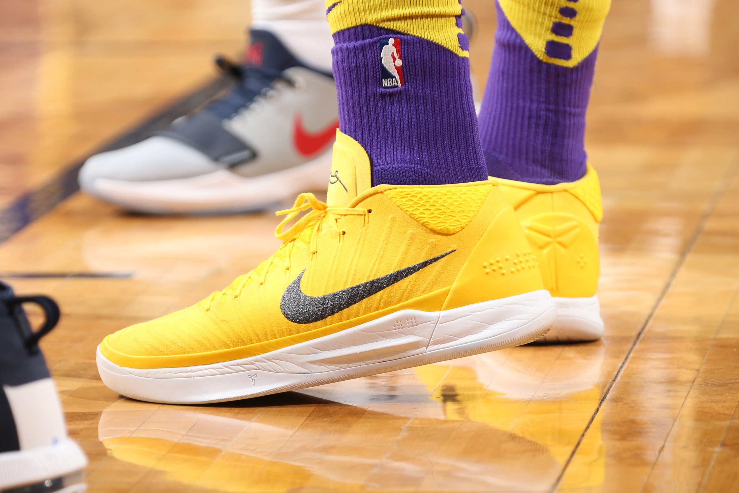 NEW ORLEANS, LA - MARCH 22: The sneakers of Kyle Kuzma #0 of the Los Angeles Lakers are seen during the game against the New Orleans Pelicans on March 22, 2018 at Smoothie King Center in New Orleans, Louisiana. NOTE TO USER: User expressly acknowledges a NEW ORLEANS, LA - MARCH 22: The sneakers of Kyle Kuzma #0 of the Los Angeles Lakers are seen during the game against the New Orleans Pelicans on March 22, 2018 at Smoothie King Center in New Orleans, Louisiana. NOTE TO USER: User expressly acknowledges a