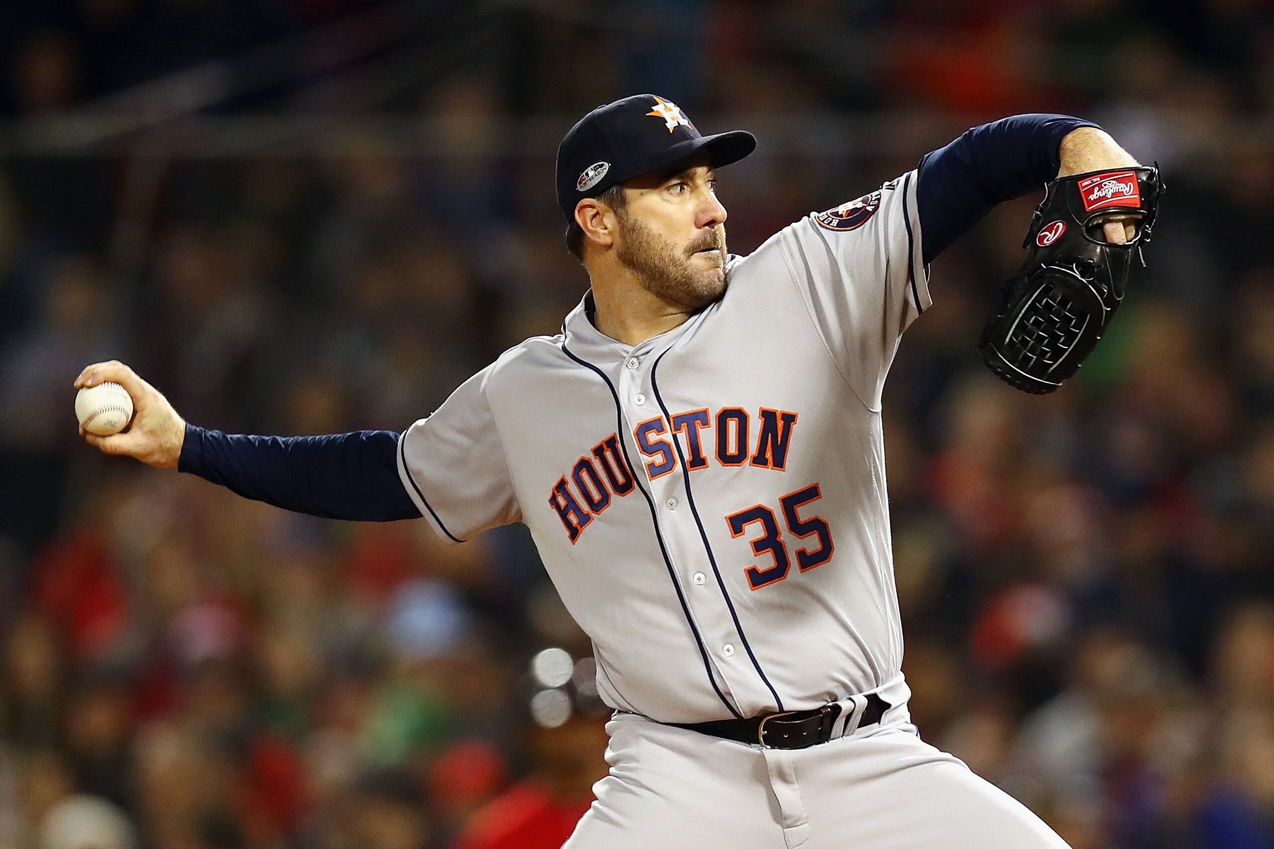 BOSTON, MA - OCTOBER 13:  Justin Verlander #35 of the Houston Astros pitches against the Boston Red Sox during Game One of the American League Championship Series at Fenway Park on October 13, 2018 in Boston, Massachusetts.  (Photo by Tim Bradbury/Getty I