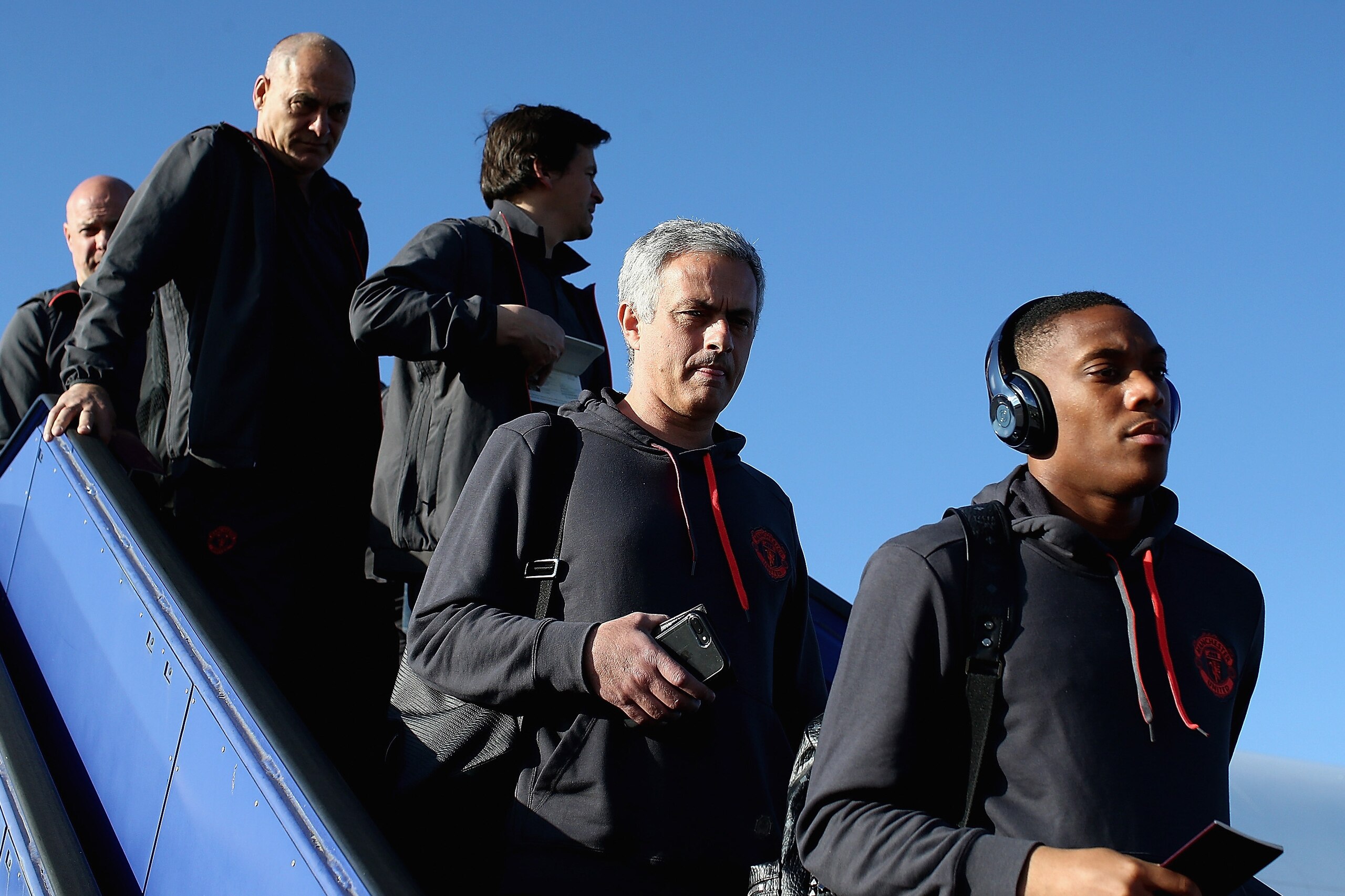 STOCKHOLM, SWEDEN - MAY 23:  In this handout image provided by UEFA, Jose Mourinho, Manager of Manchester United and Anthony Martial of Manchester United arrive ahead of the UEFA Europa League Final between Ajax and Manchester United at Stockholm Arlanda 